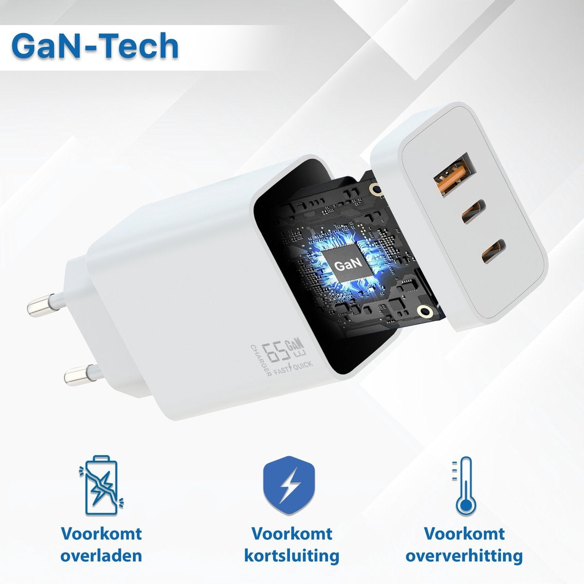 A white GaN charger with USB ports and a circuit board display. Icons indicate protection against overload, short circuits, and overheating.
