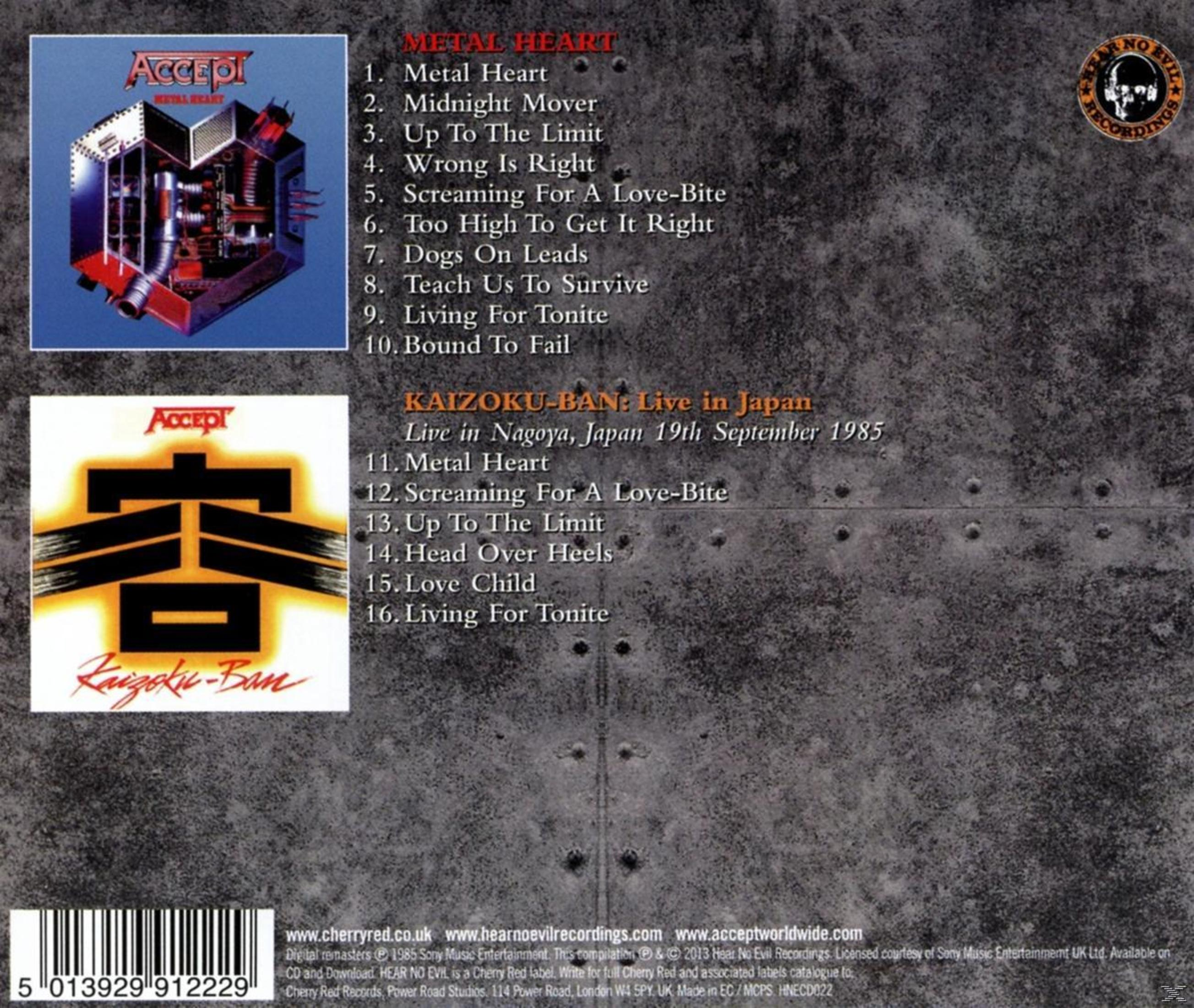 Albumcover: 'Metal Heart' von Accept. Metallherz-Artwork, Titelliste, Bandlogo. Hintergrund mit Text und Logos.