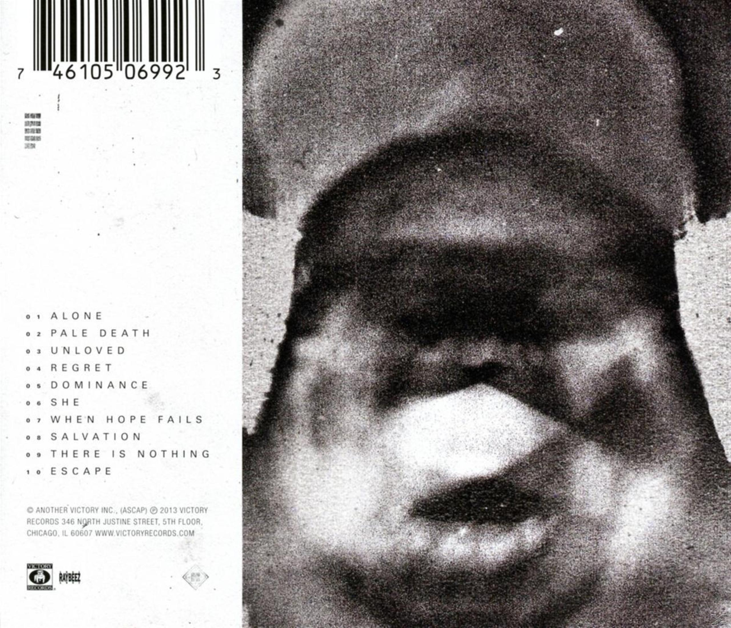 Albumhoes met een abstracte grijswaardenafbeelding van een gezicht. Tekst bevat titels en het Victory Records logo.
