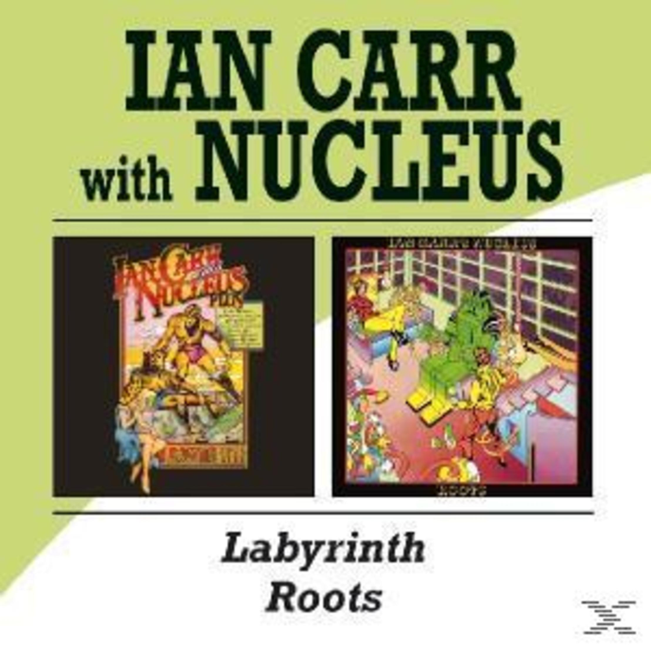 Albumcover: Ian Carr mit Nucleus. Enthält zwei Comic-Bilder. Der Text lautet: Labyrinth Roots.