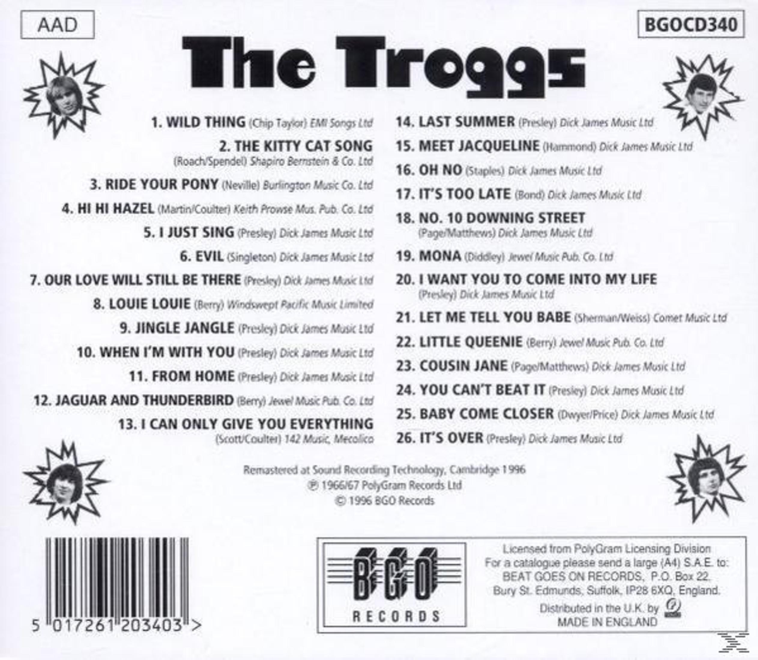 Albumcover von The Troggs. Mit Bandmitgliedern in Sternen. Songtitel und Credits in Text. Ein Barcode befindet sich unten.