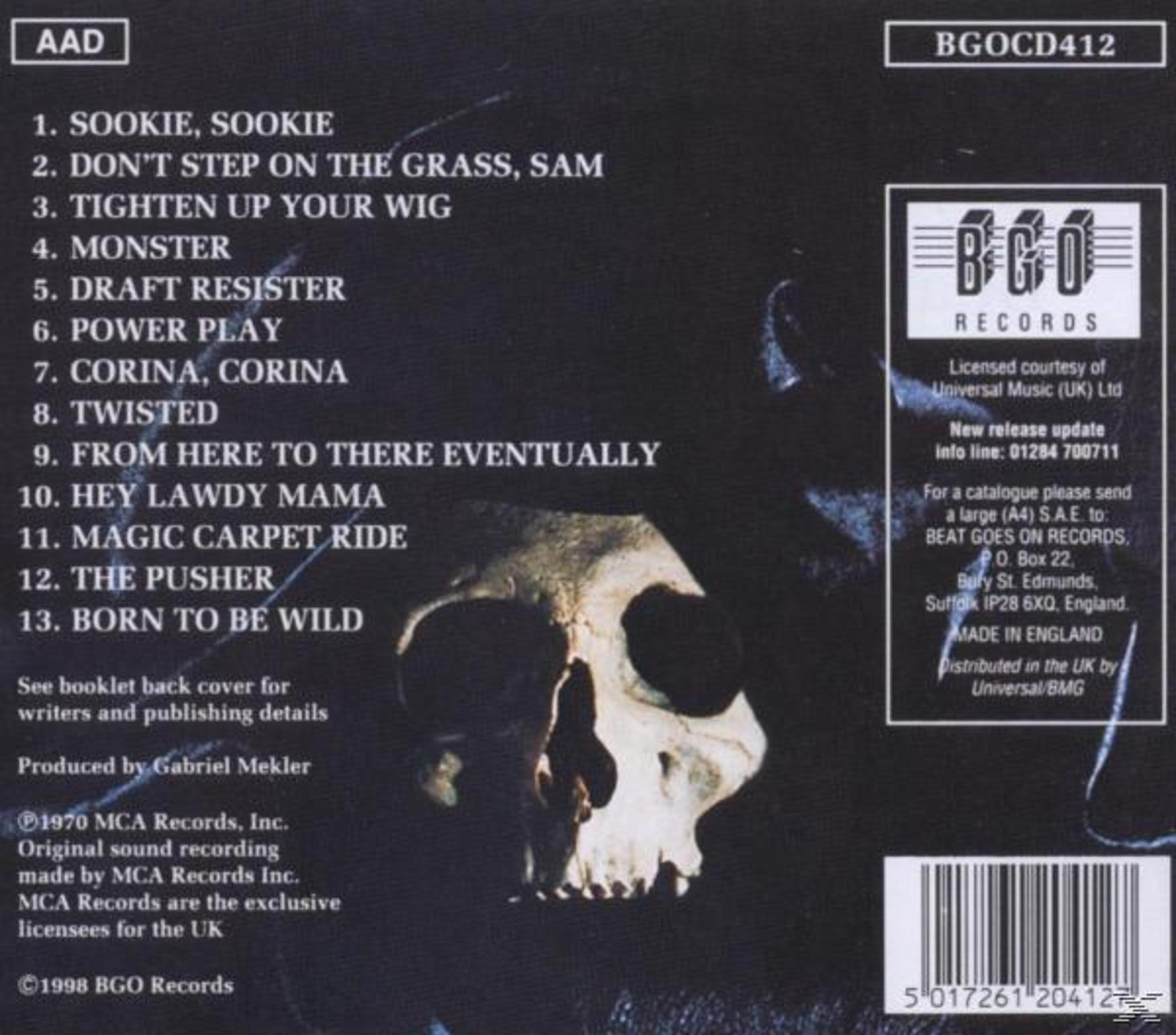 Albumcover mit einem Totenkopf in der Mitte, Titelliste links und BGO Records Logo rechts.
