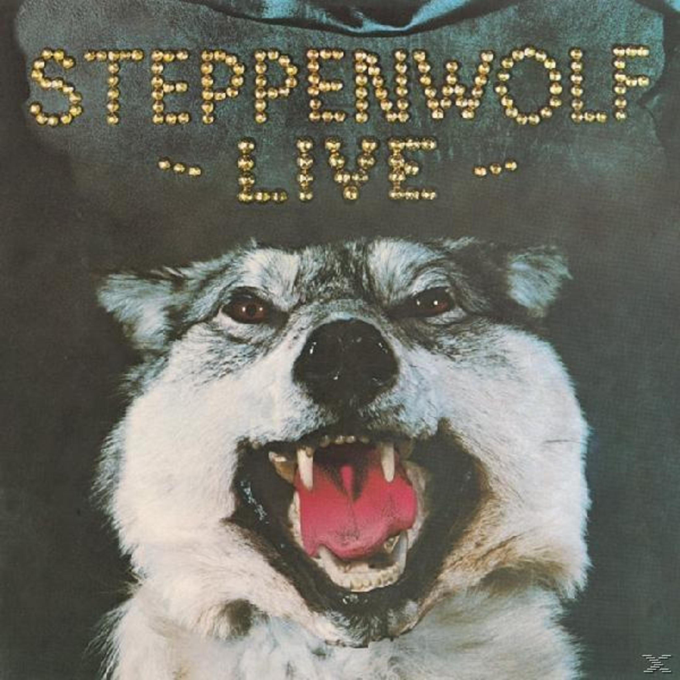 Albumcover. Steppenwolf Live-Titel in goldenen Nieten. Wolfskopf mit offenem Maul, rosa Zunge und scharfen Zähnen.