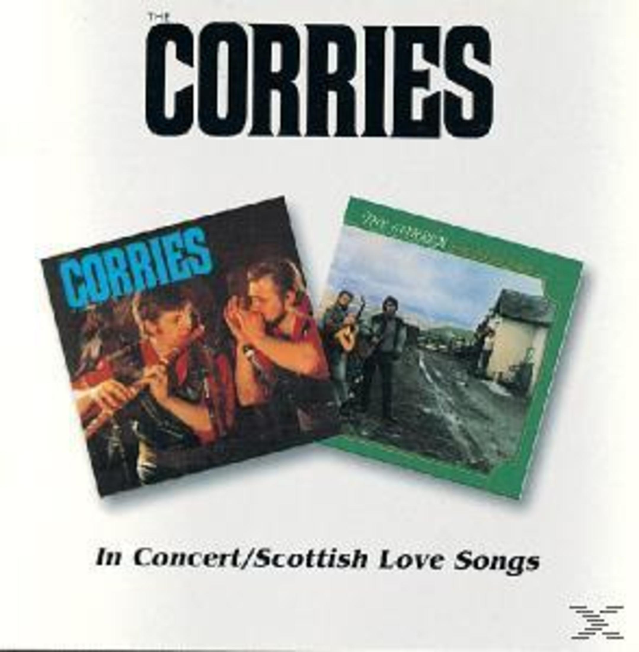 Albumcover: The Corries. Zwei Albumcover werden gezeigt. Eines mit Bandmitgliedern, das andere mit einer Straßenszene. Der Text lautet: In Concert/Scottish Love Songs.