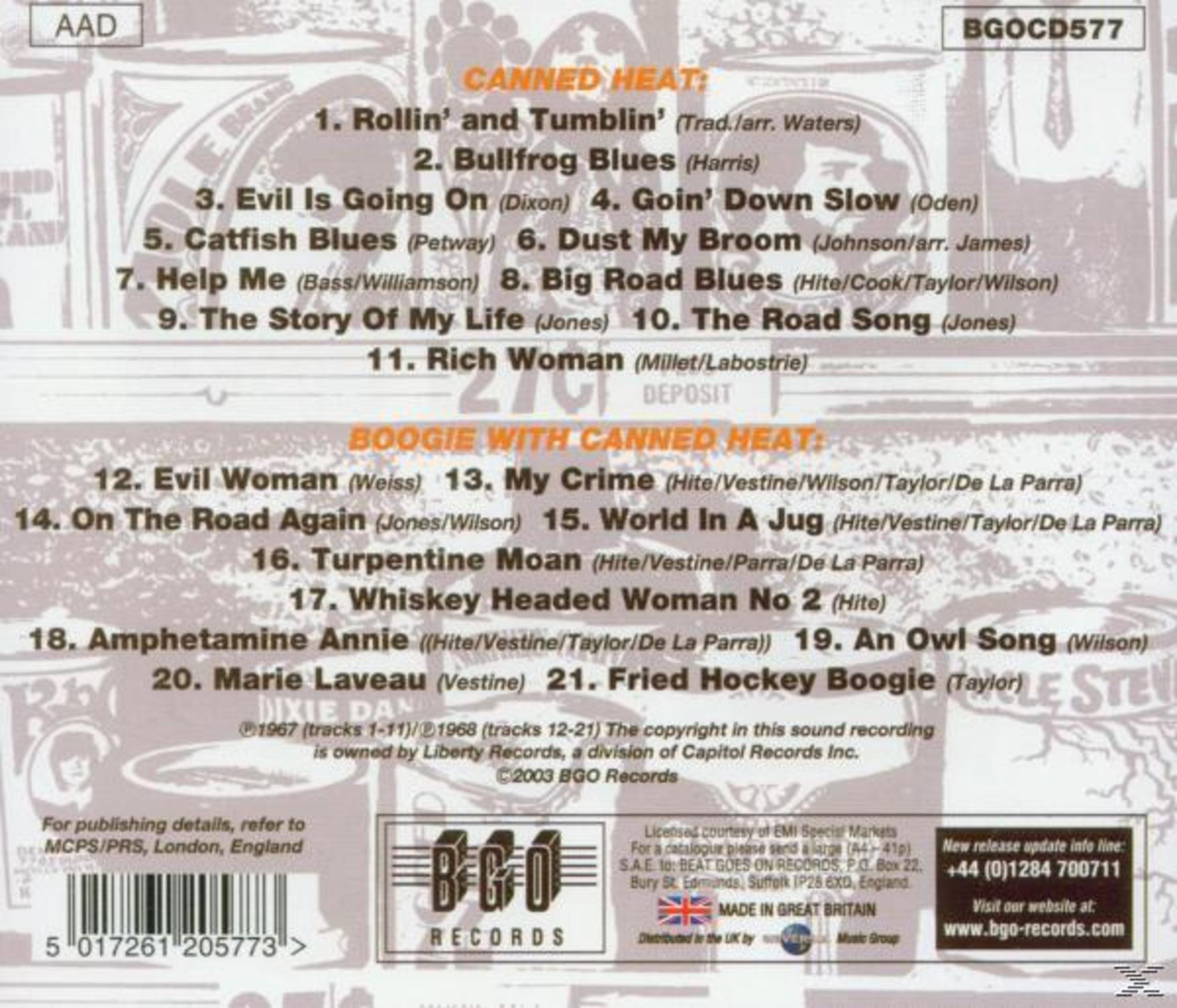 Albumcover mit Titelliste von Canned Heat-Songs, einschliesslich Titeln, Autoren und Angaben zum Label. Der Hintergrund ist hell.