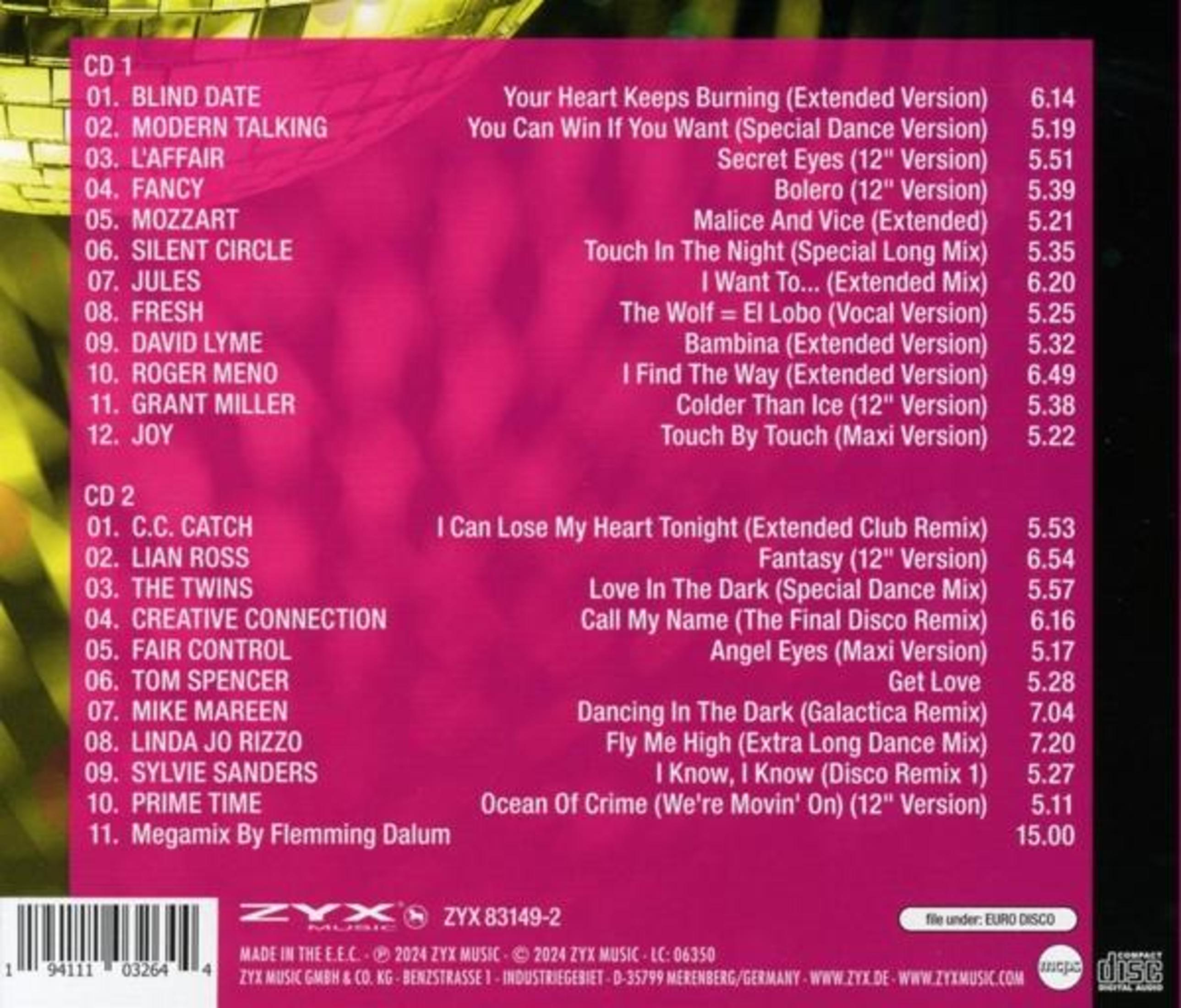 Ein CD-Cover mit pinkfarbenem Hintergrund listet Songs und Künstler auf. Das ZYX Music Logo und Kataloginformationen sind sichtbar.