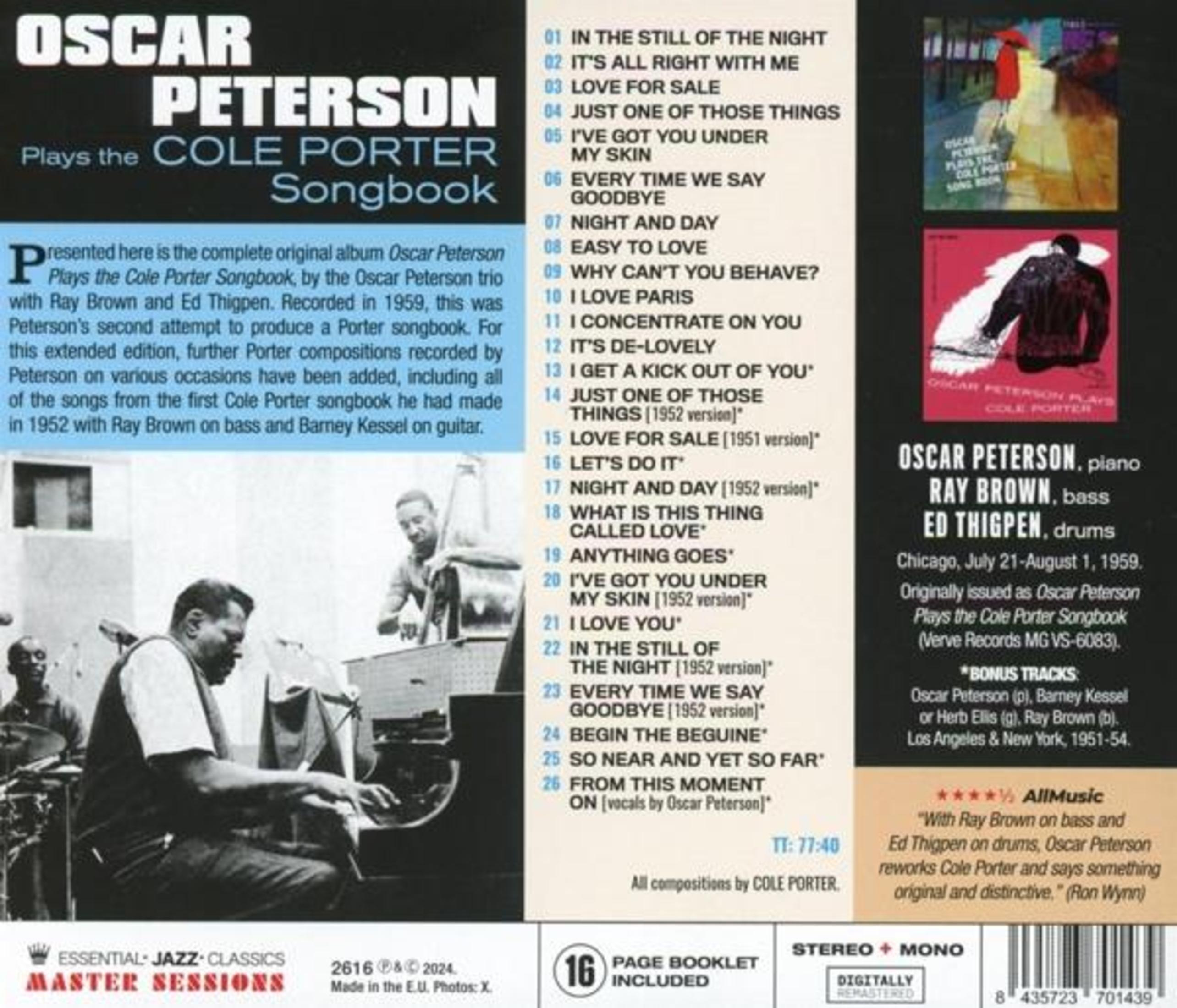 Portada del álbum con el nombre de Oscar Peterson, título del álbum, lista de canciones y créditos musicales. También incluye arte del álbum.