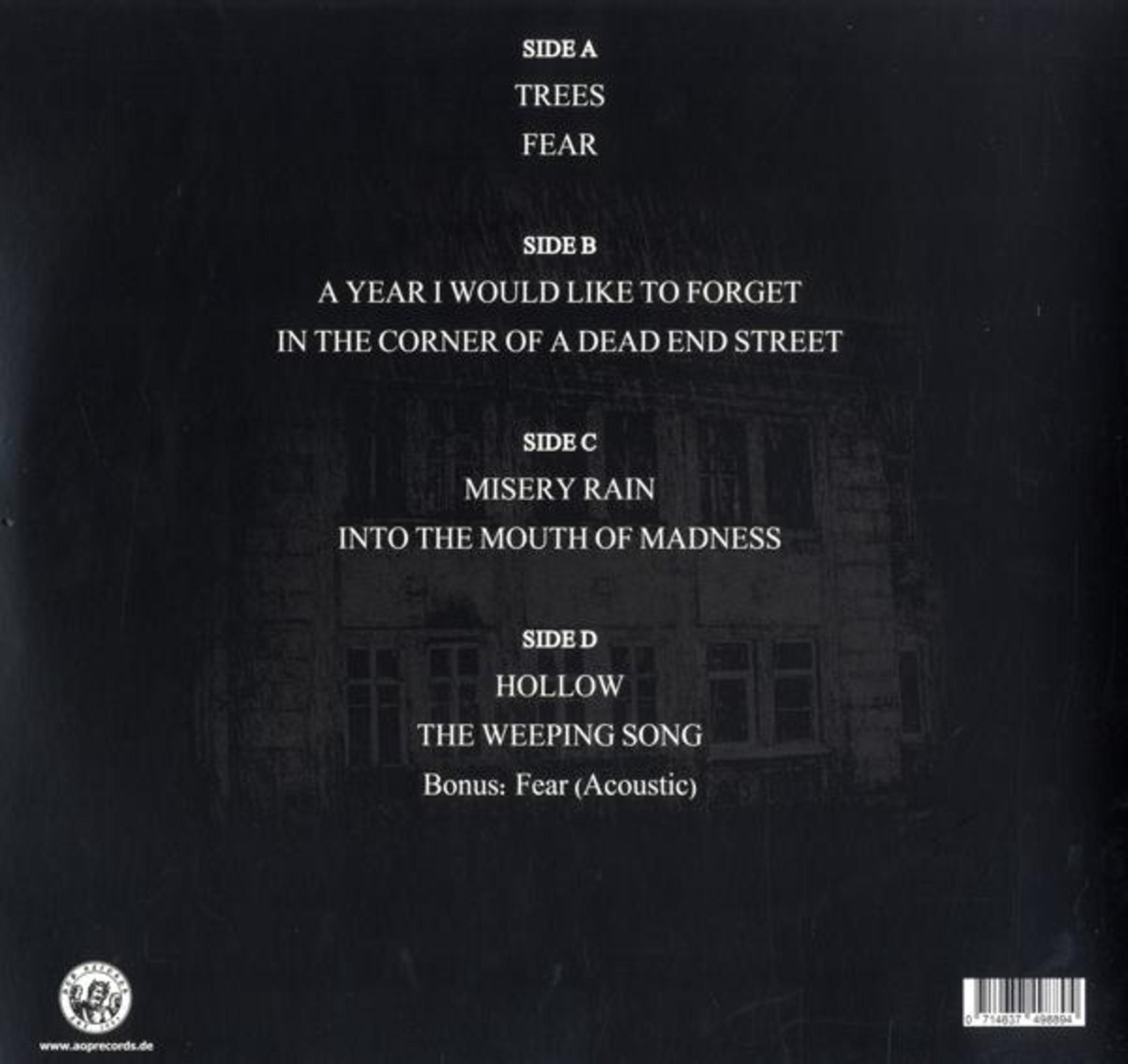 Schwarzes Albumcover mit Songtiteln: Trees, Fear, A Year I Would Like to Forget, Misery Rain, Hollow, The Weeping Song.