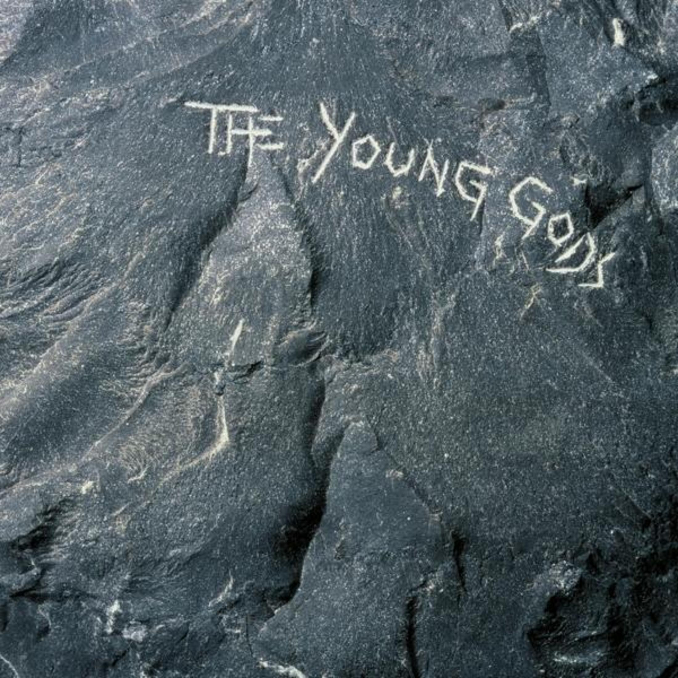 Superficie di roccia grigio scuro con testo bianco scolpito: 'The Young Gods'.