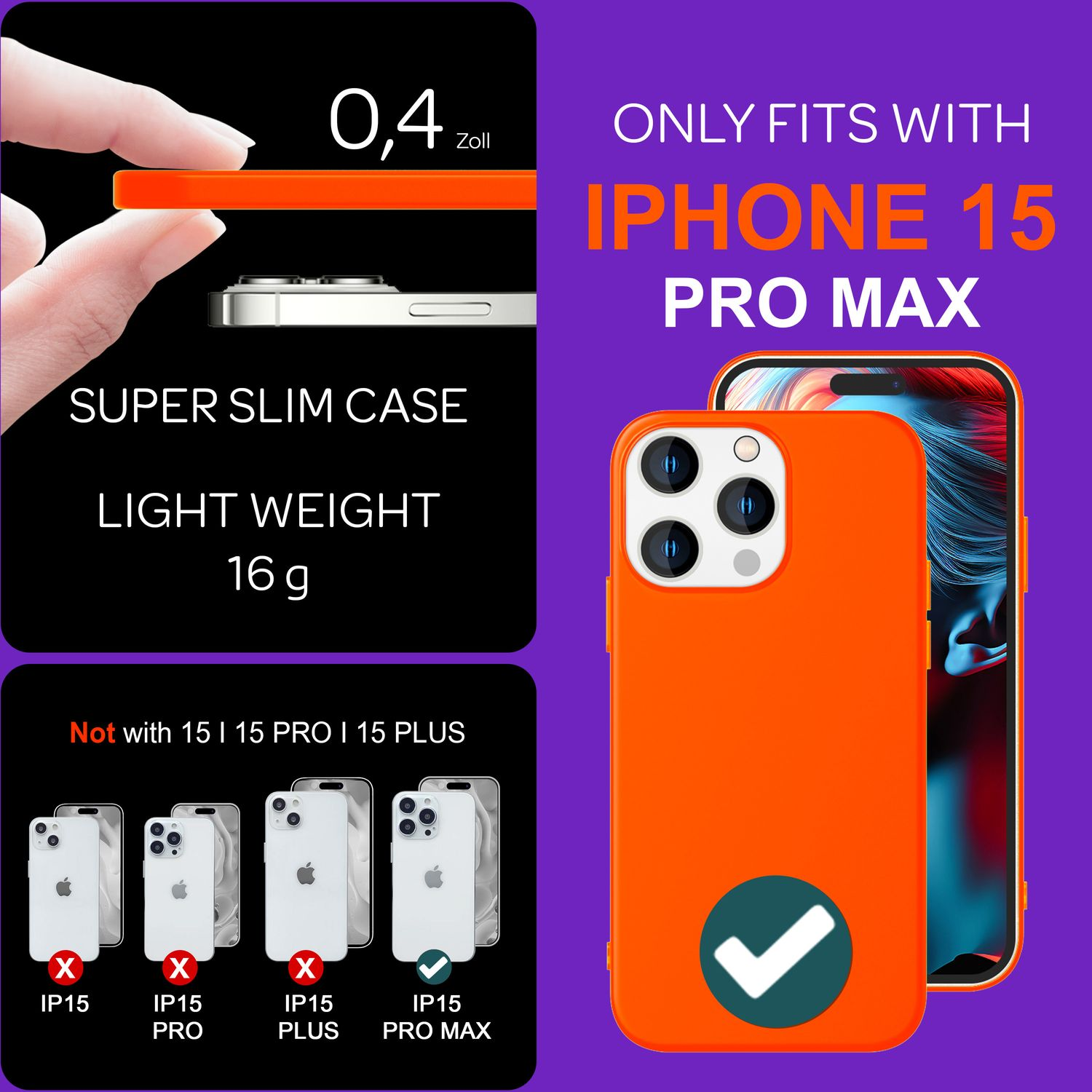 Orangene Handyhülle mit iPhone 15 Pro Max Text. Zeigt die Gehäusestärke, die Gehäusekompatibilität und den Telefonmodellvergleich.