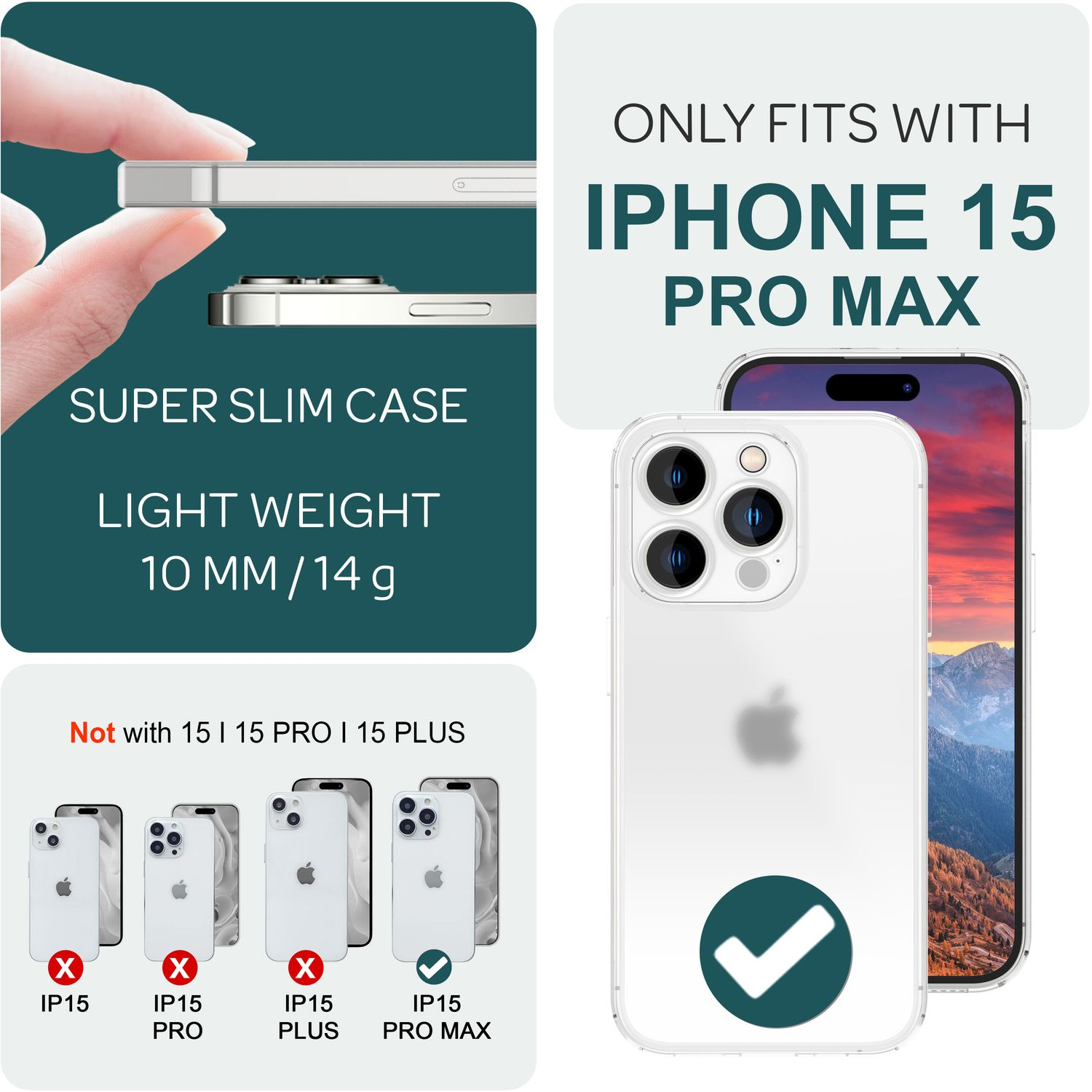 Eine iPhone 15 Pro Max Hülle wird gezeigt. Die Hülle ist schlank und leicht. Text weist darauf hin, dass sie nur für das iPhone 15 Pro Max geeignet ist.