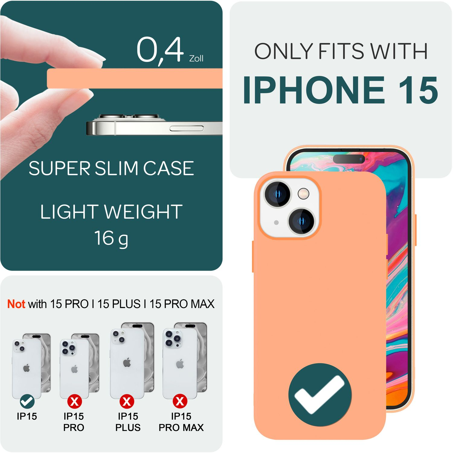 Eine orangefarbene iPhone 15-Hülle, die neben einem iPhone gezeigt wird. Text: Super Slim Case, Leicht, Nur passend für iPhone 15.