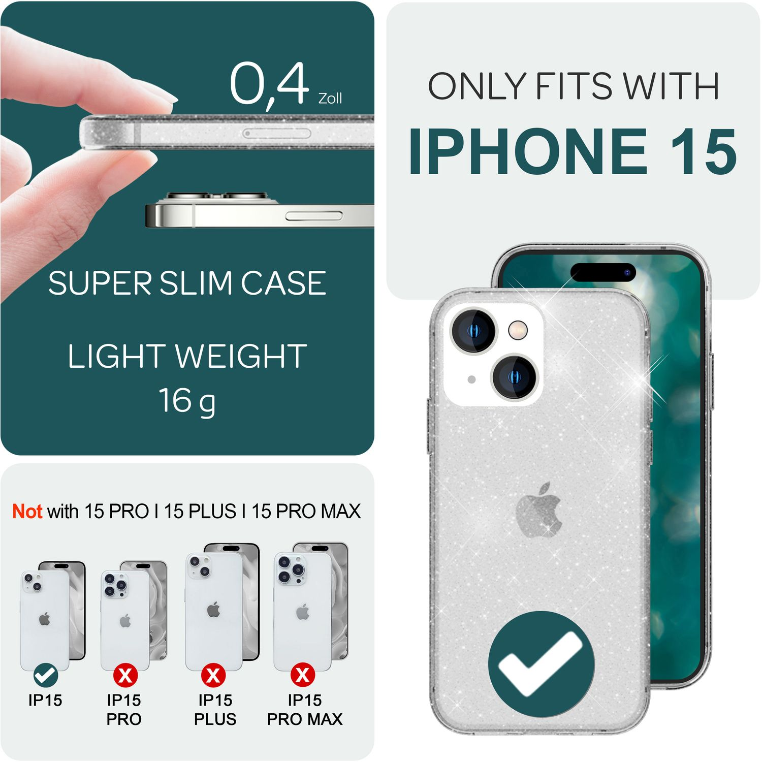 L'immagine mostra una custodia per iPhone 15. Caratteristiche: super sottile, leggera e compatibile solo con iPhone 15. Altri modelli non compatibili.