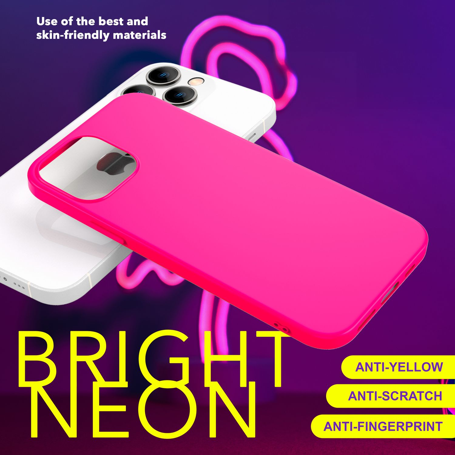 Eine pinke Handyhülle auf einem weißen Handy, mit Neon-Schild und Text über Materialien und Funktionen, wie kratzfest.