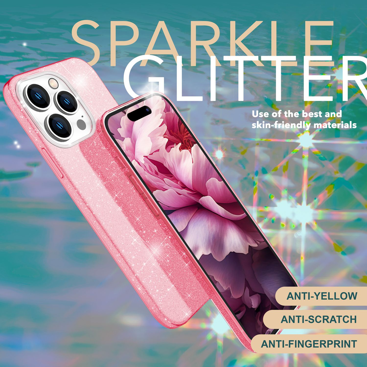 Rosa Handyhüllen mit Glitzer, Blumtapete auf dem Bildschirm und Text "SPARKLE GLITTER". Text: Anti-Gelb, Anti-Kratzer, Anti-Fingerabdruck.