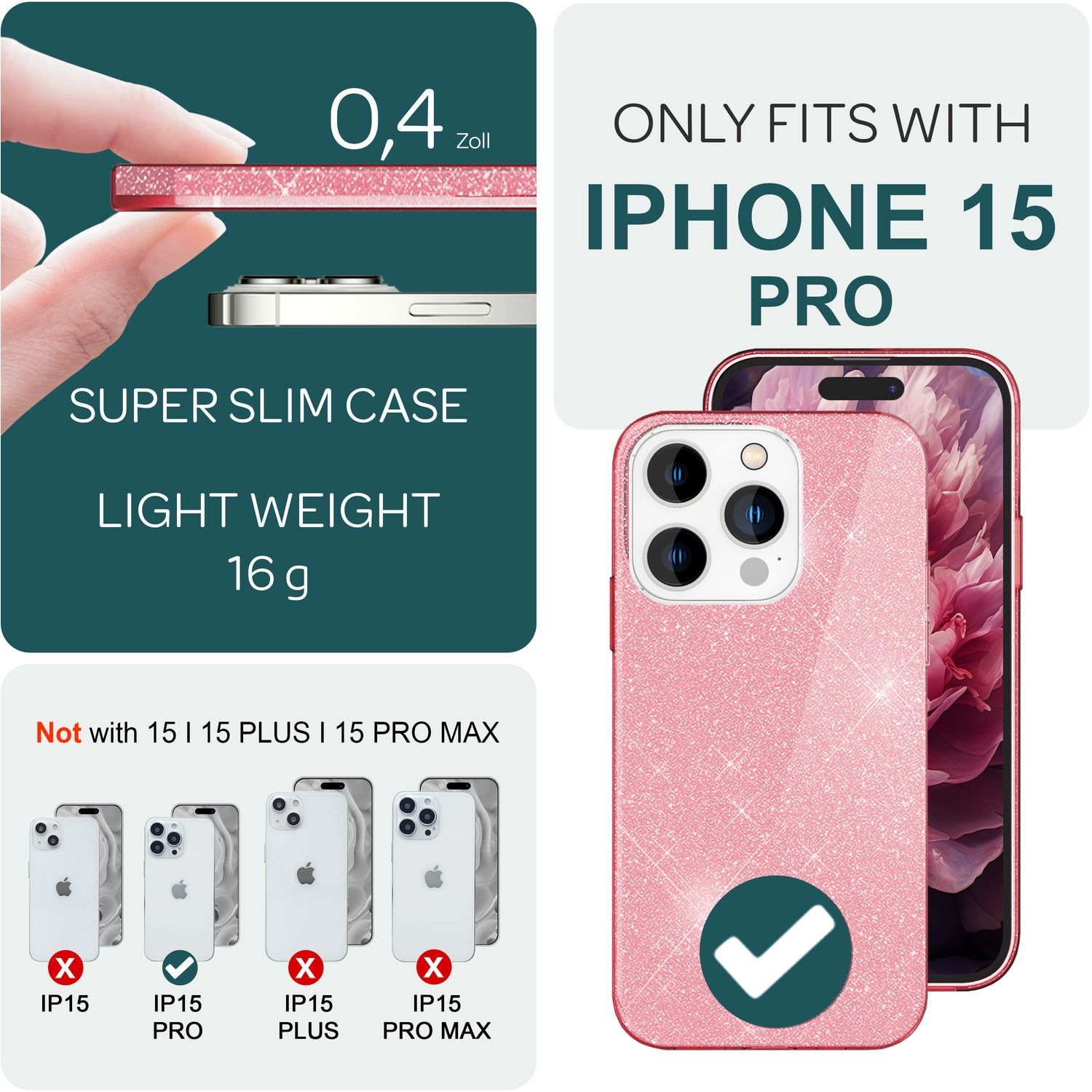 Funda rosa para iPhone 15 Pro. Diseño delgado, ligero. Muestra compatibilidad e incompatibilidad con otros modelos de iPhone.