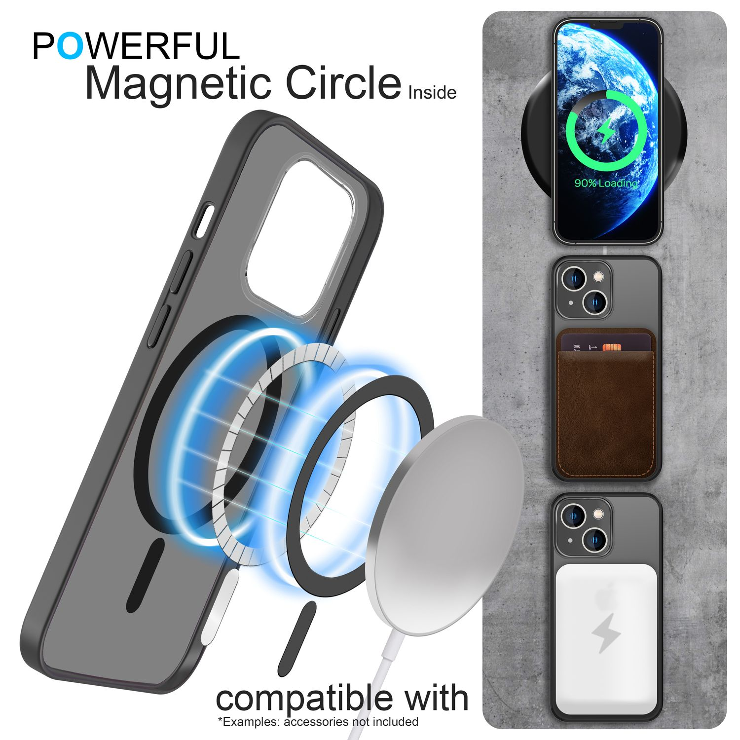 L'immagine mostra una custodia per telefono con un cerchio magnetico, un telefono in carica e due telefoni con accessori. Il testo dice 'Powerful Magnetic Circle'.