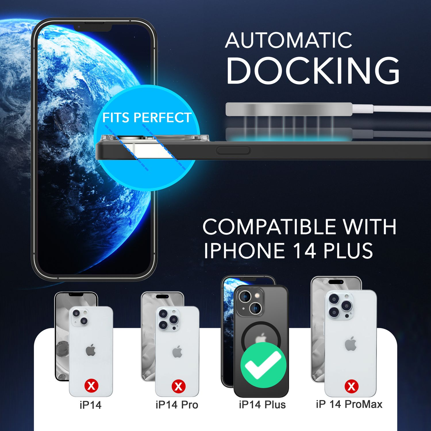 L'immagine mostra un telefono con una docking station. Il testo dice 'Automatic Docking' e 'Compatible with iPhone 14 Plus'. Modelli di telefono mostrati.