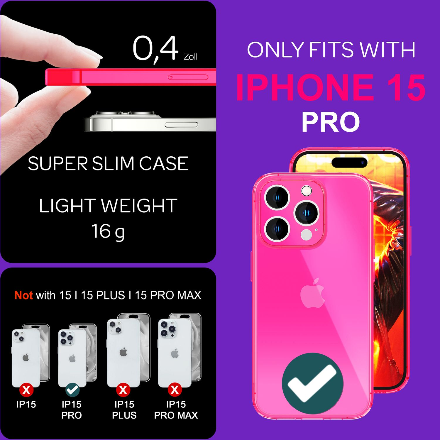 L'immagine mostra una custodia rosa. Evidenzia la compatibilità della custodia con l'iPhone 15 Pro. Altri telefoni sono barrati.