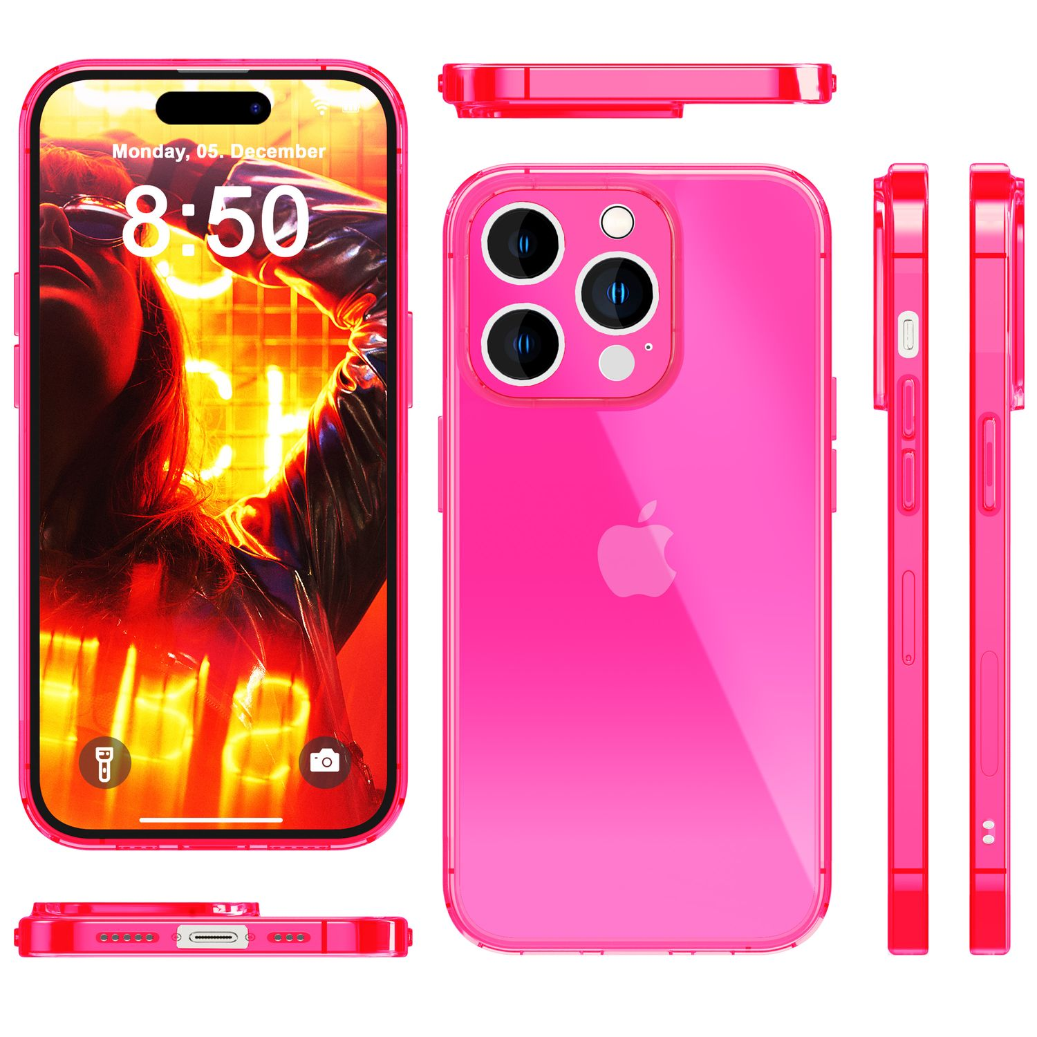 Un iPhone rosa con custodia. Lo schermo mostra una donna e l'ora. Vengono mostrate diverse viste del telefono.