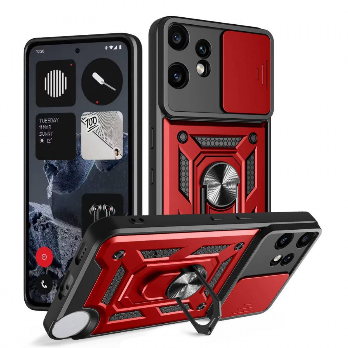 Schwarze und rote Handyhüllen mit Ringhaltern. Eine zeigt den Telefonbildschirm mit Wetter. Gehäuse sind abgewinkelt, zeigen Design und Eigenschaften.