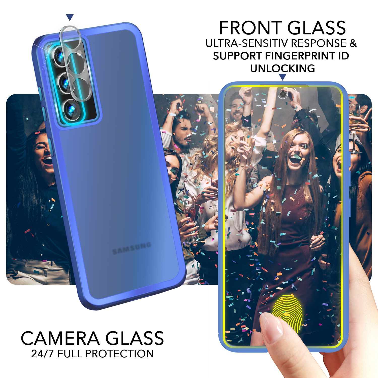Eine Telefonhülle mit Partybild wird gehalten und die Fingerabdruck-Entsperrung demonstriert. Text enthält 'Front Glass', 'Camera Glass' und 'Samsung'.