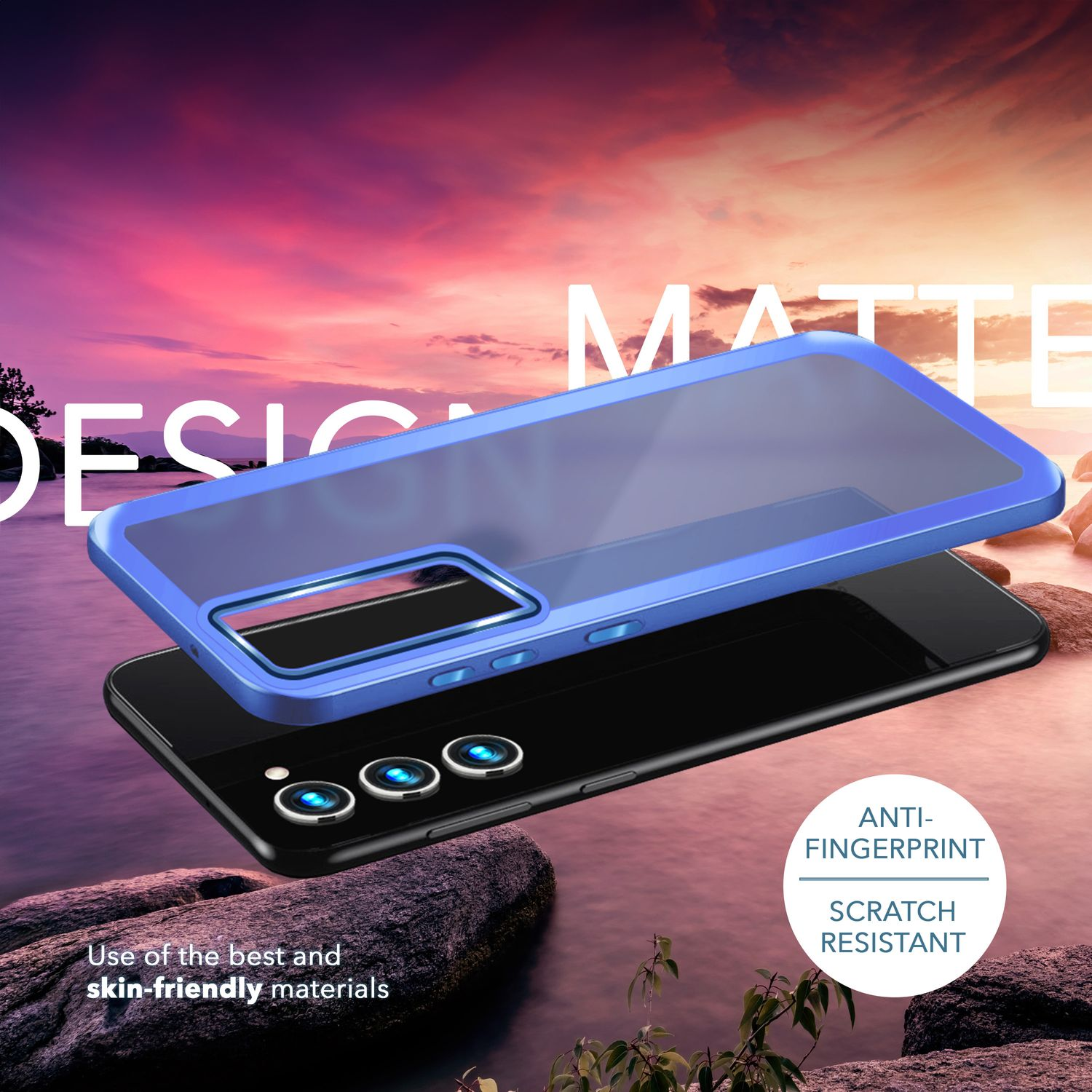 Ein Telefon mit blauer Hülle vor Sonnenuntergang. Text: 'Design matt', 'Anti-Fingerprint' und 'kratzfest'.
