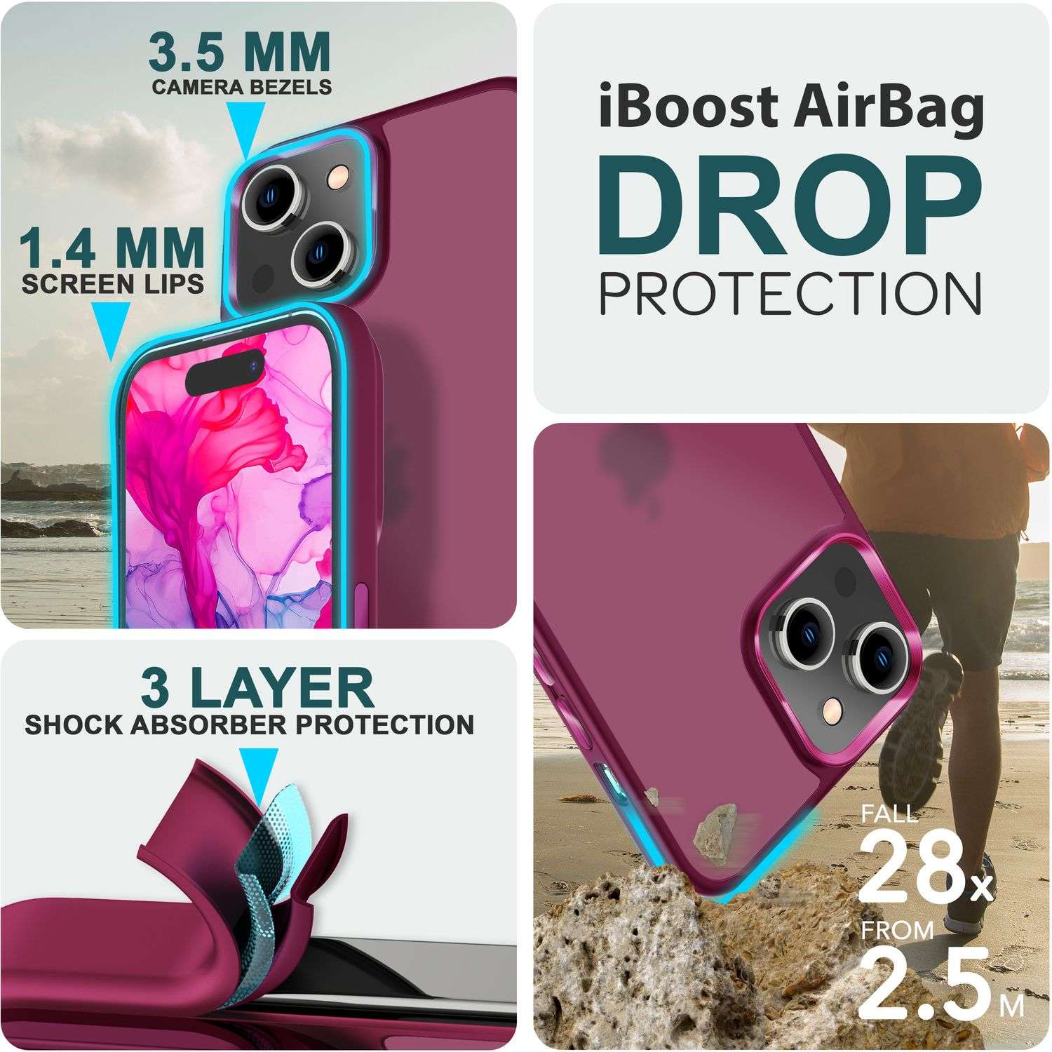 Das Bild zeigt Handyhüllen mit beschrifteten Funktionen. Zeigt 3-Lagen-Schutz, iBoost Airbag und Fallschutz aus 2,5 Metern.