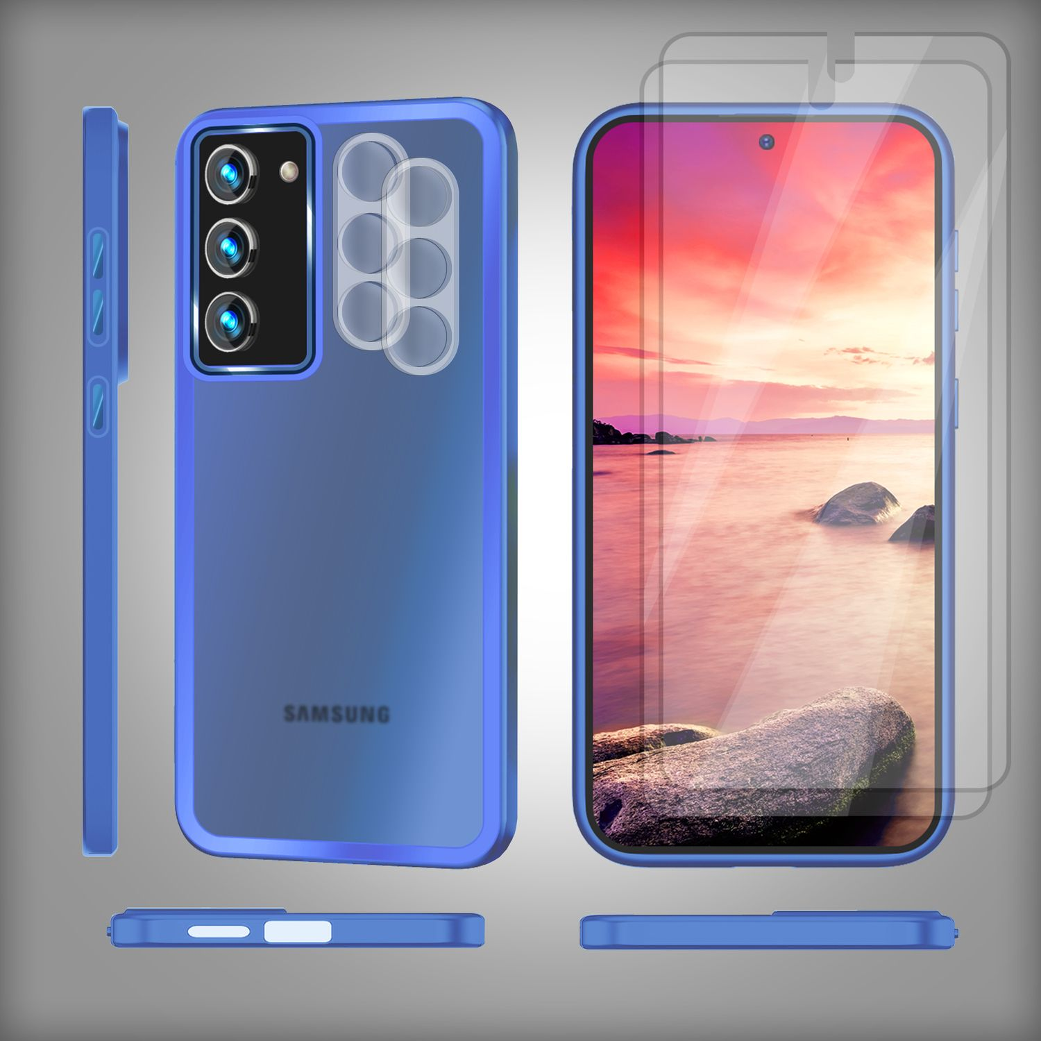 Blaues Handyhüllen- und Displayschutzfolien-Set. Das Telefon zeigt einen Sonnenuntergang über dem Wasser. Samsung steht auf der Hülle.