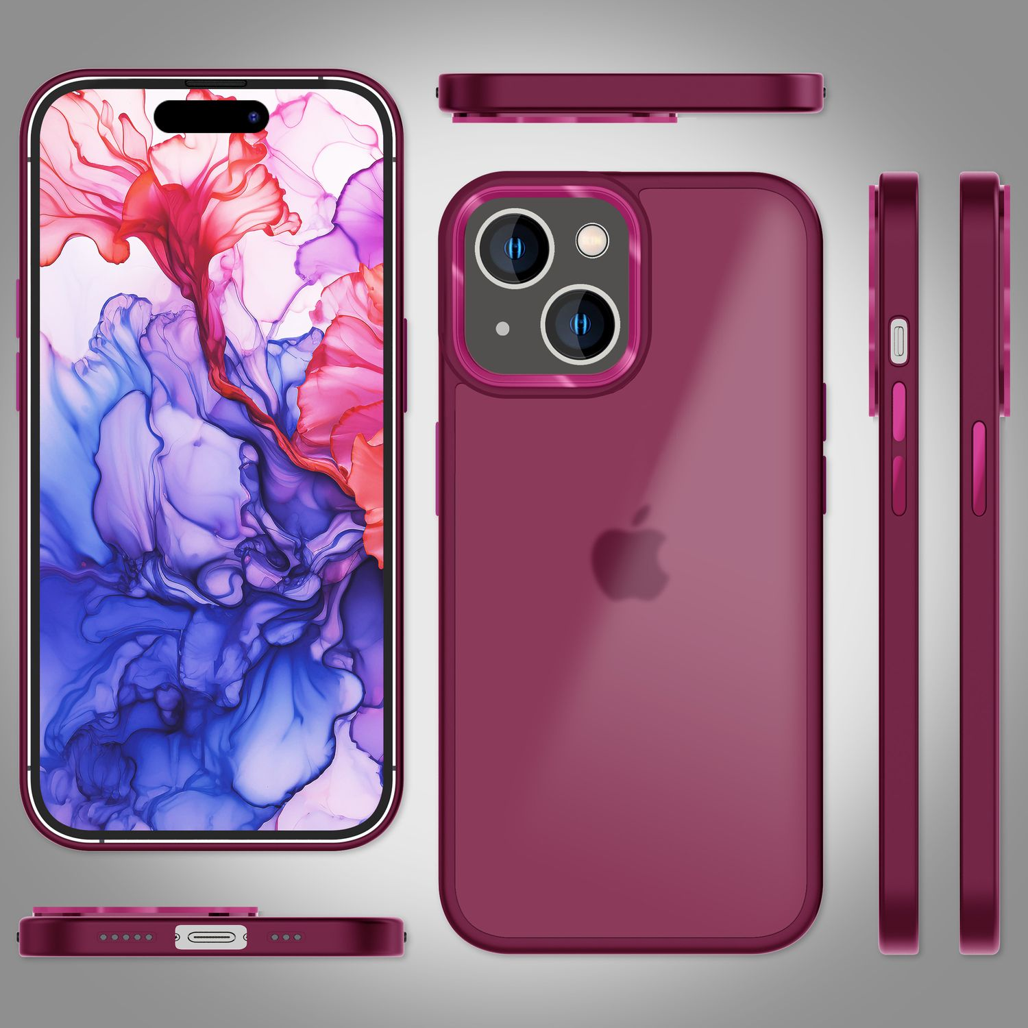 Ein magenta iPhone mit Hülle wird in mehreren Winkeln dargestellt. Das Telefon zeigt ein abstraktes Blumen-Hintergrundbild.