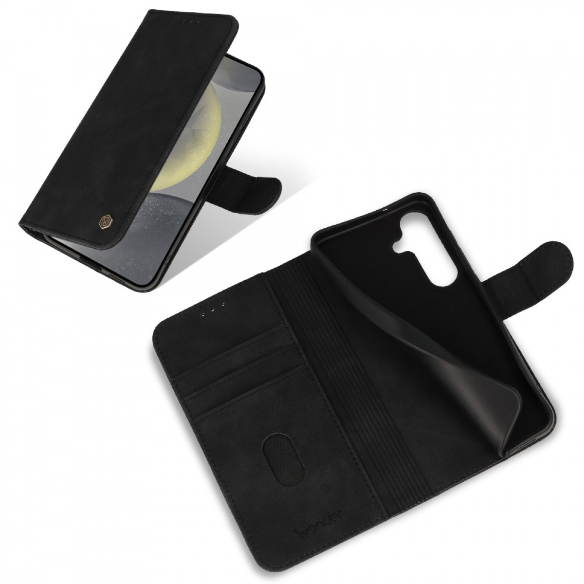 Zwei schwarze Handyhüllen. Eine geschlossen, mit Bildschirm; die andere offen, mit Kartenfächern und Handyhalter.