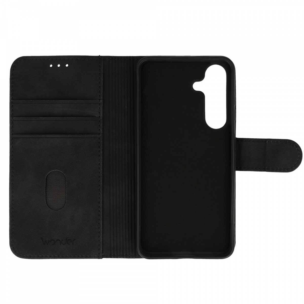 Eine offene schwarze Handyhülle im Brieftaschendesign. Sie hat Kartenfächer, einen Magnetverschluss und Platz für das Telefon.