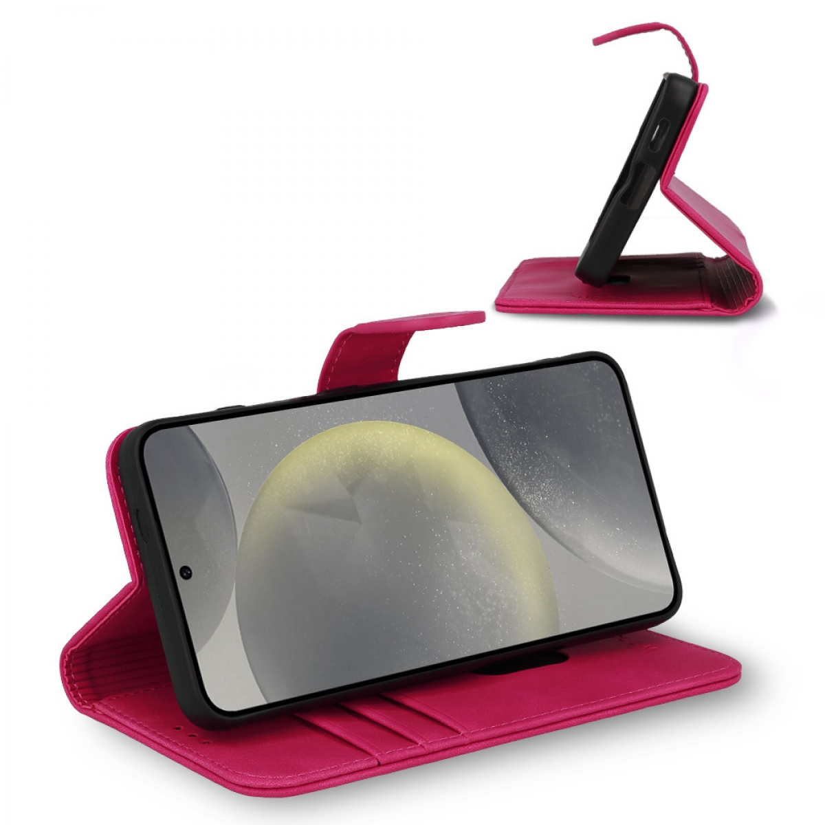 Eine pinkfarbene Handyhülle mit einem Telefon darin. Die Hülle ist offen und zeigt den Bildschirm des Telefons, mit einer zweiten Hülle im Hintergrund.