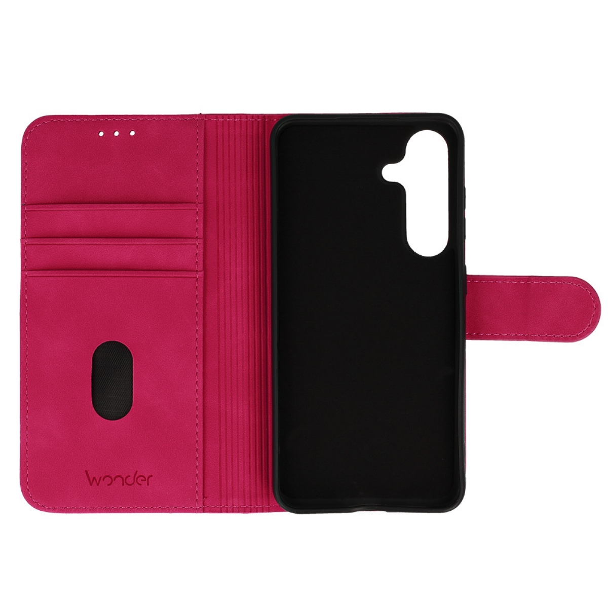 Eine pinkfarbene Handyhülle, geöffnet, mit einem schwarzen Telefonhalter. Die Hülle hat Kartenfächer. Die Marke 'wonder' ist sichtbar.
