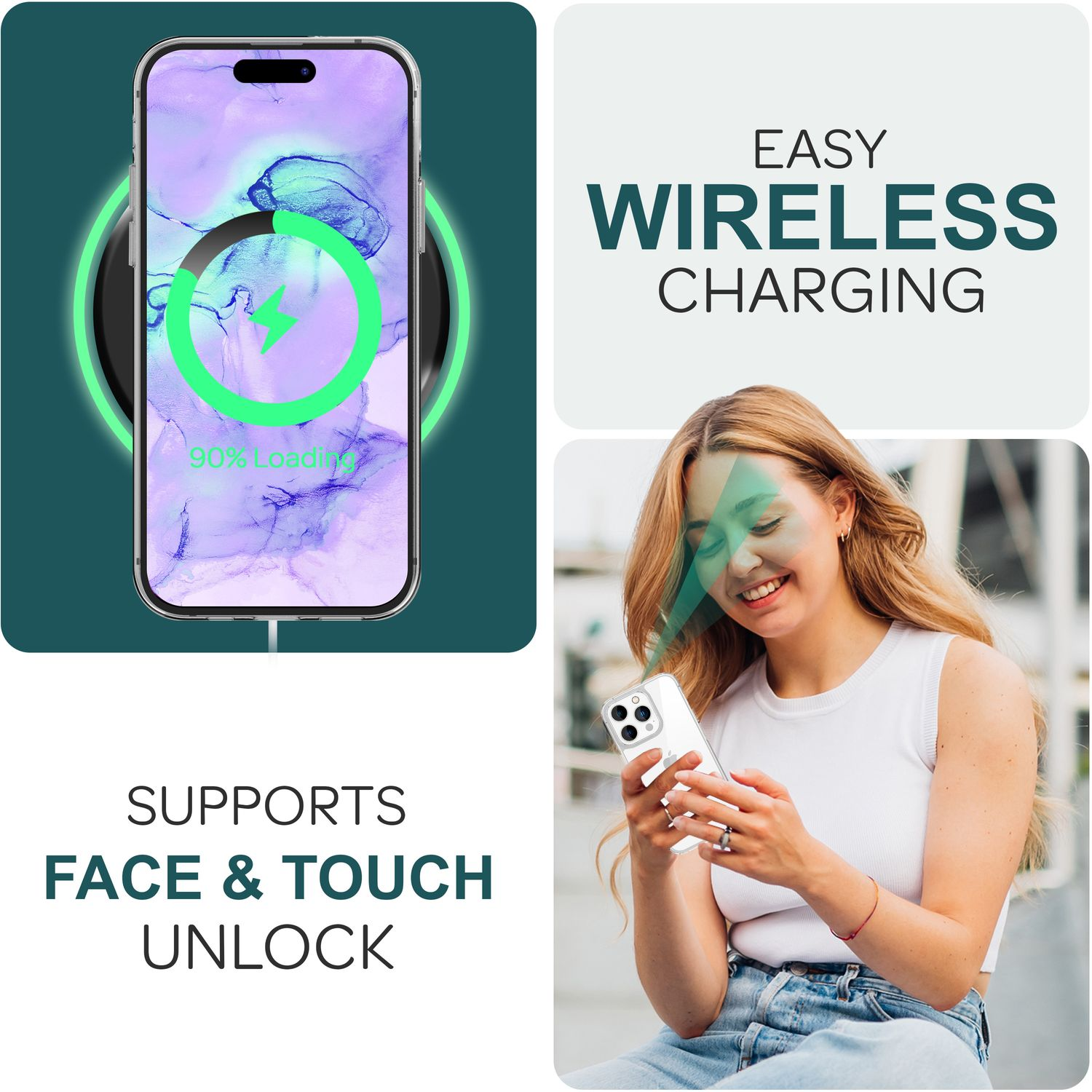 Una donna tiene in mano un telefono, un caricabatterie wireless con sopra un telefono e un testo che indica una facile ricarica wireless, supporta lo sblocco tramite volto e tocco.