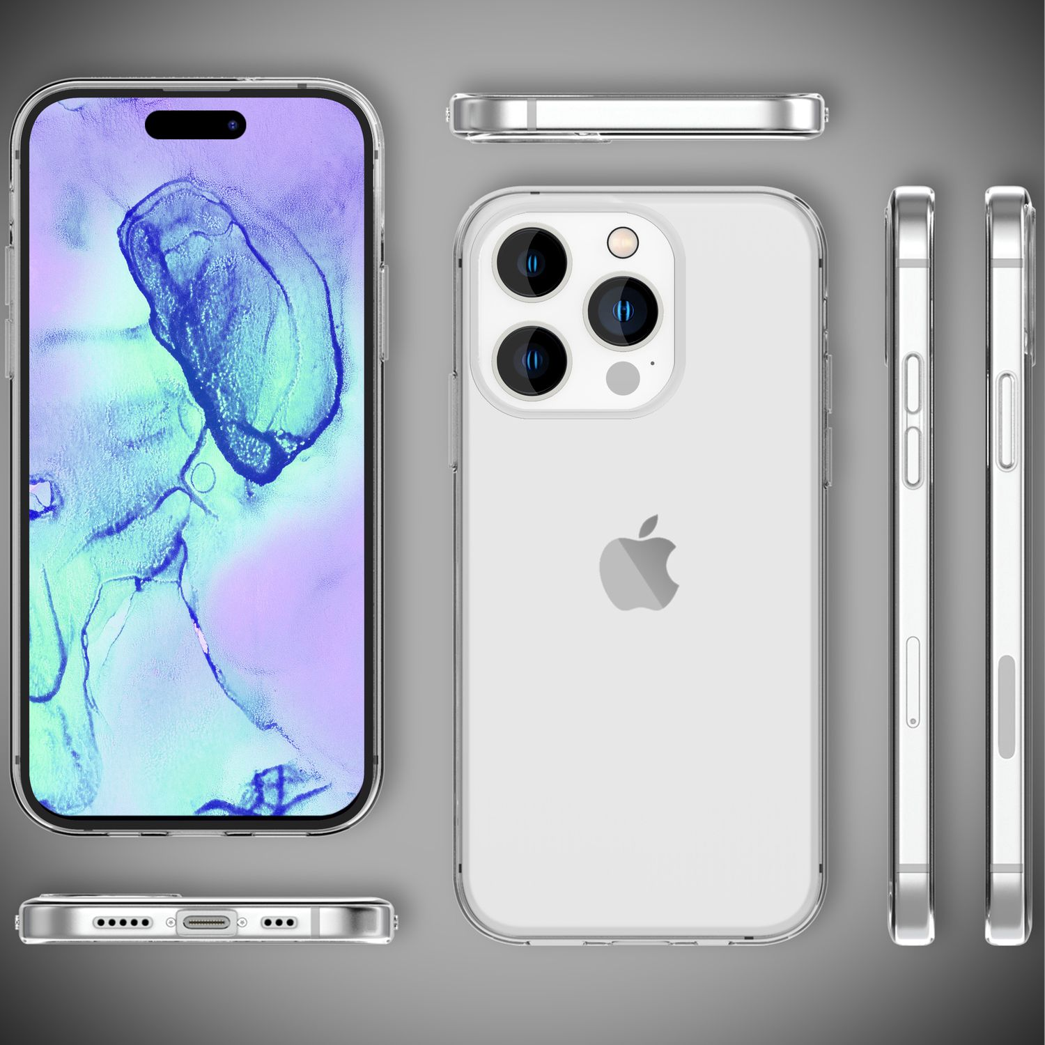 Diverse viste di un iPhone in una custodia trasparente. La parte anteriore mostra uno schermo colorato. Lati e parte superiore visibili. Logo Apple sul retro.