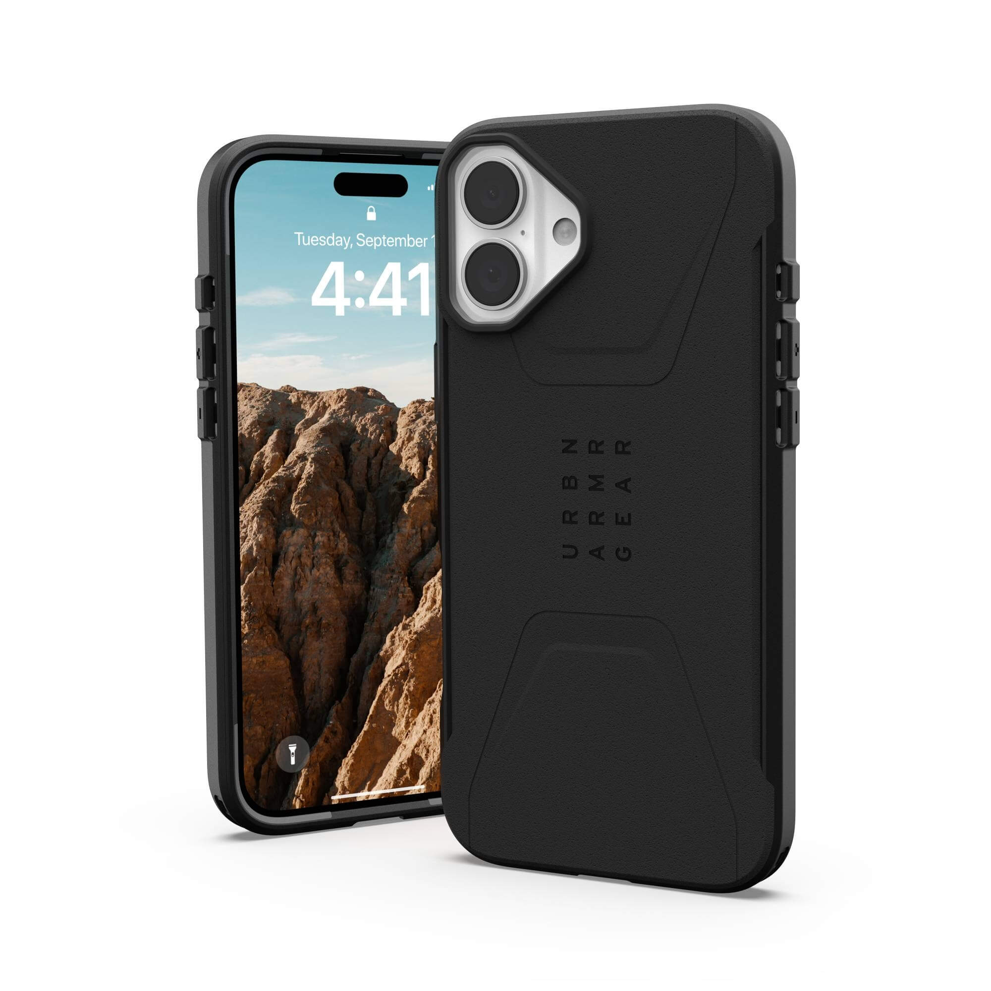 iPhone in schwarzem Gehäuse. Der Bildschirm zeigt Datum und Uhrzeit mit einem Bergpanorama im Hintergrund.