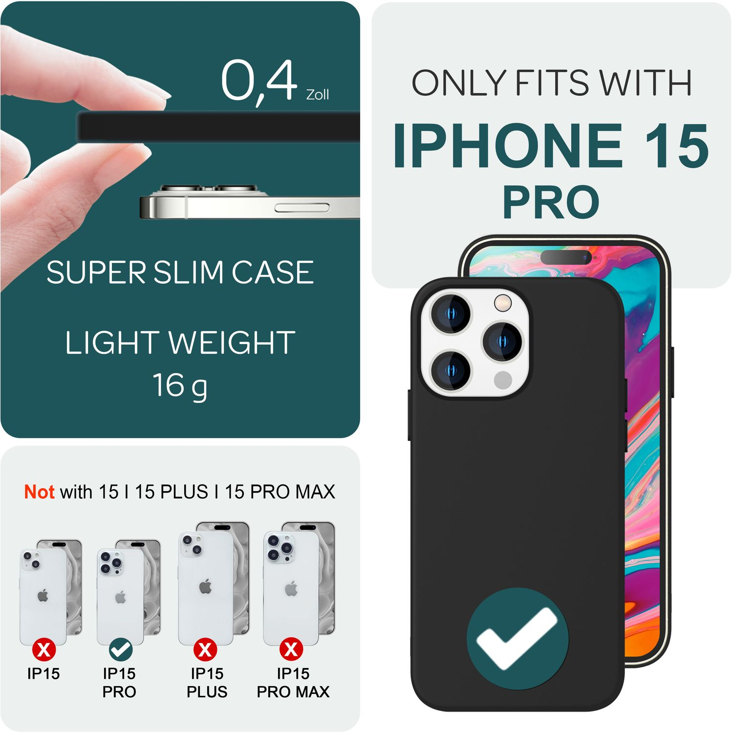 Das Bild zeigt eine Handyhülle für das iPhone 15 Pro. Merkmale sind schlankes Design und geringes Gewicht. Kompatibilitätsinformationen sind ebenfalls enthalten.