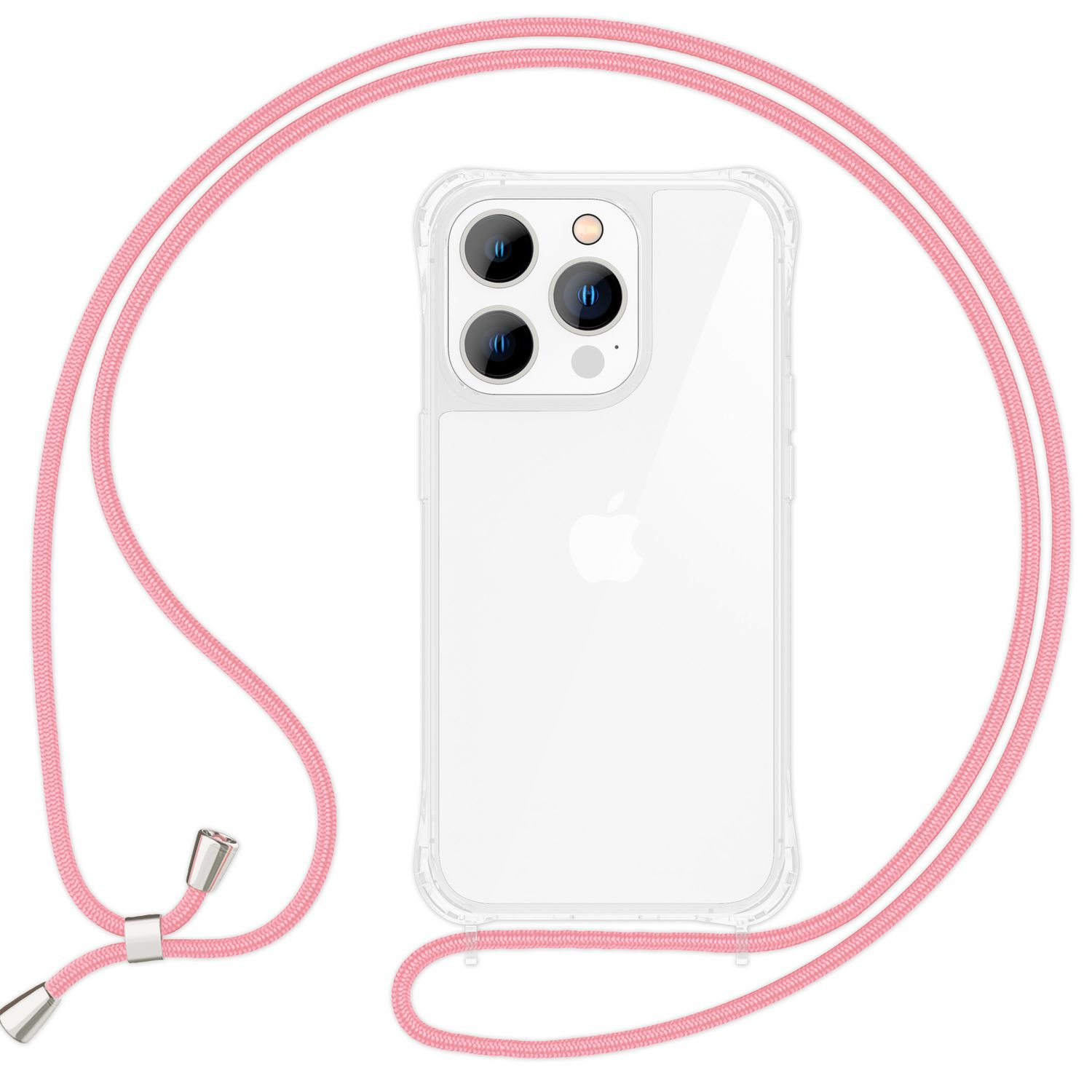 Transparente Handyhülle mit rosa Lanyard. Das Telefon hat drei Linsen und das Apple-Logo. Das Lanyard hat Metallenden.