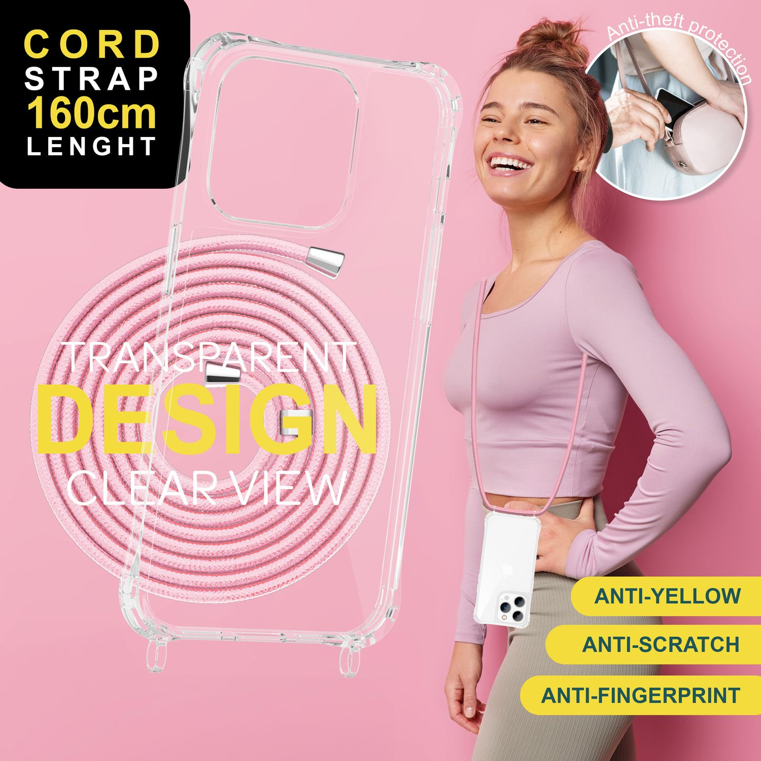Frau mit Handyhülle und -riemen. Text lautet 'CORD STRAP 160cm LENGHT', 'TRANSPARENT DESIGN CLEAR VIEW' und 'ANTI-YELLOW'.