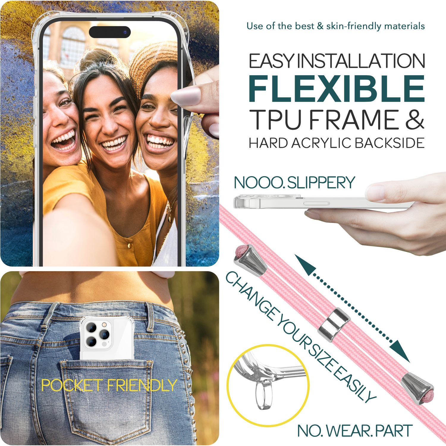 Das Bild zeigt eine Handyhülle mit einem Selfie-Foto, Text und einem rosa Lanyard. Das Telefon befindet sich in einer Jeanstasche.