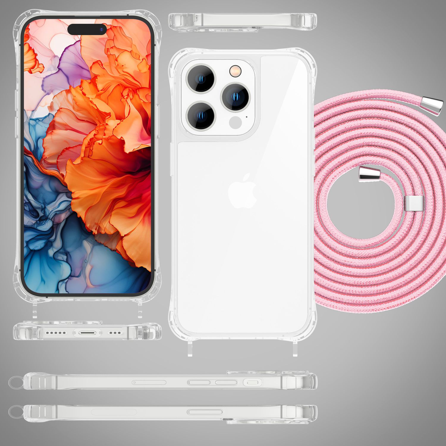 Ein iPhone mit durchsichtiger Hülle und pinkfarbenem Lanyard. Mehrere Ansichten der Handyhülle sind gezeigt. Bunte abstrakte Blumen-Tapete ist sichtbar.