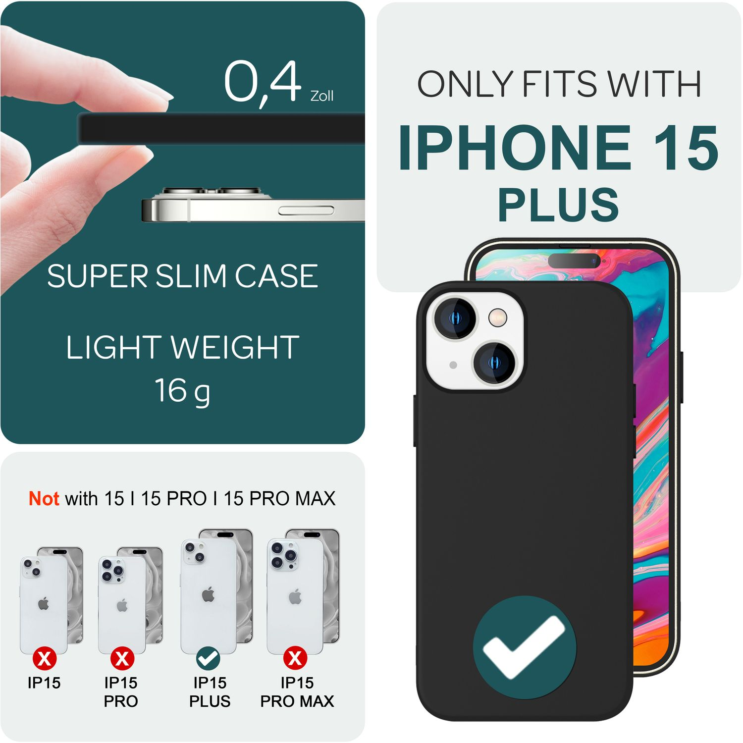 Imagen muestra una funda para iPhone 15 Plus, con grosor indicado. Indica compatibilidad e incompatibilidad con otros modelos de iPhone.
