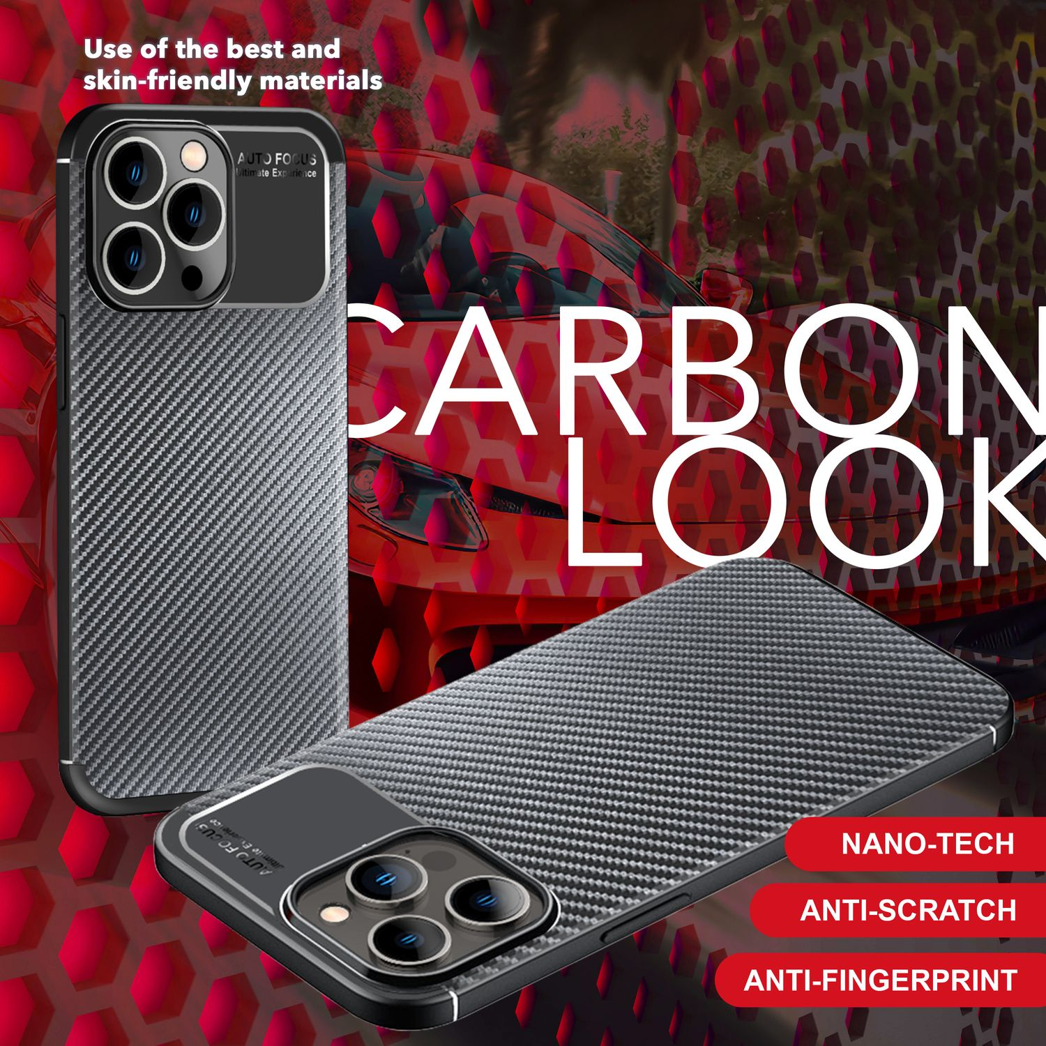 Zwei Handyhüllen mit Carbonfaser-Optik, eine zeigt die Kamera. Text: Nano-Tech, Anti-Kratzer, Anti-Fingerabdruck. Im Hintergrund ein rotes Auto.