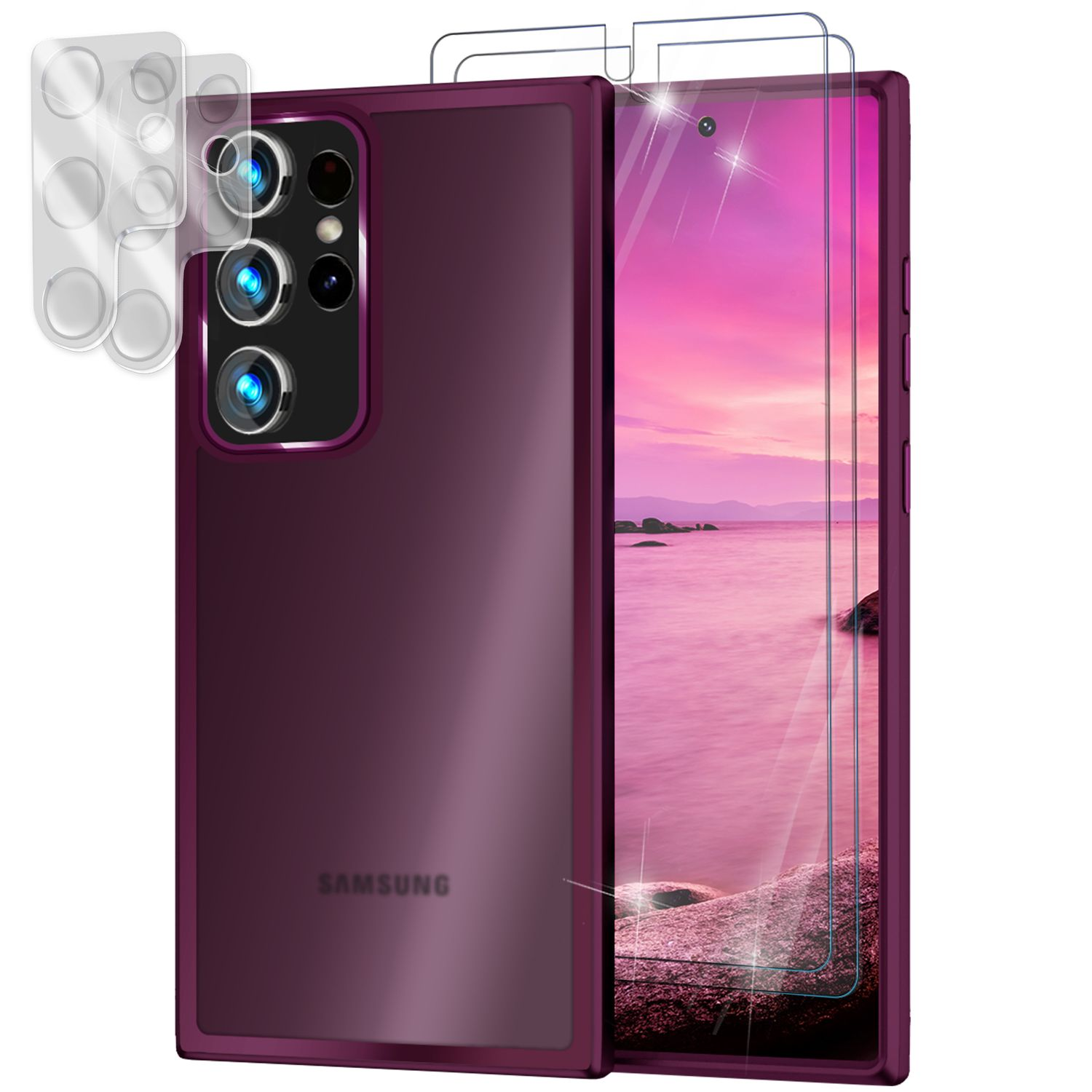 Ein Samsung-Handy in einer lila Hülle mit Displayschutzfolien. Auf dem Telefon ist eine rosa Sonnenuntergangsszene zu sehen.
