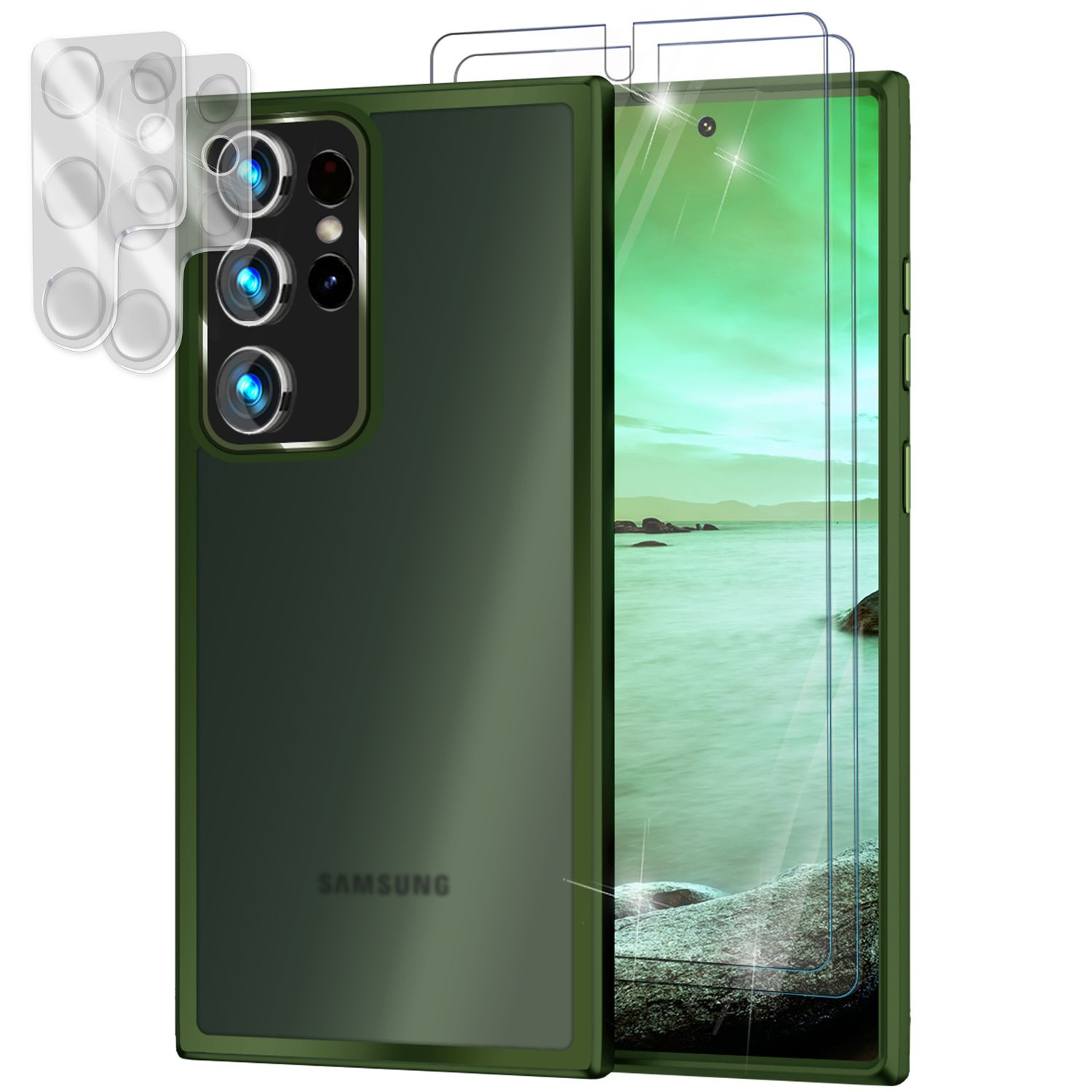 Eine grüne Handyhülle mit Displayschutzfolien. Das Telefon hat mehrere Kameras. Der Bildschirm zeigt eine Landschaft.