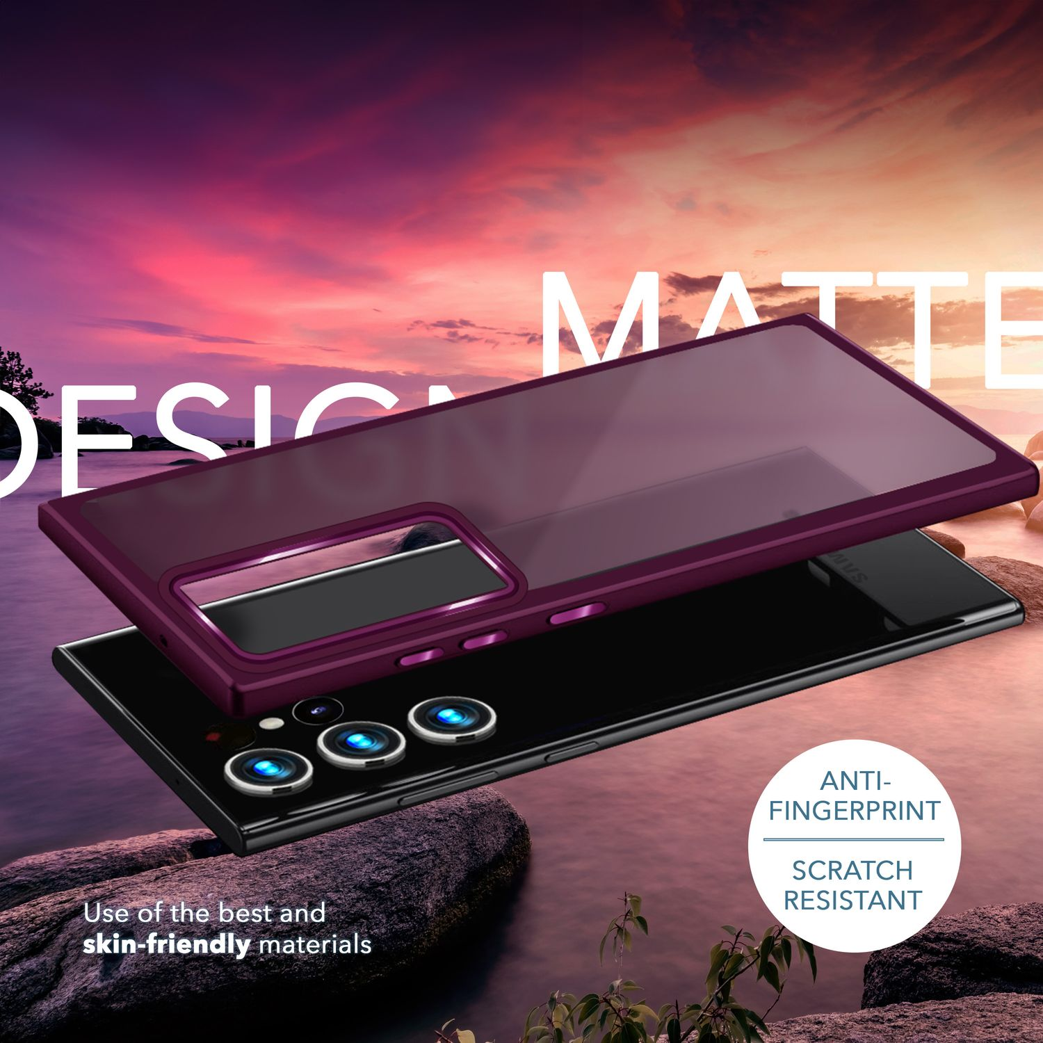 Ein Telefon mit einer violetten Hülle schwebt über seinem Bildschirm. Der Hintergrund zeigt einen rosa-violetten Himmel über einem See.