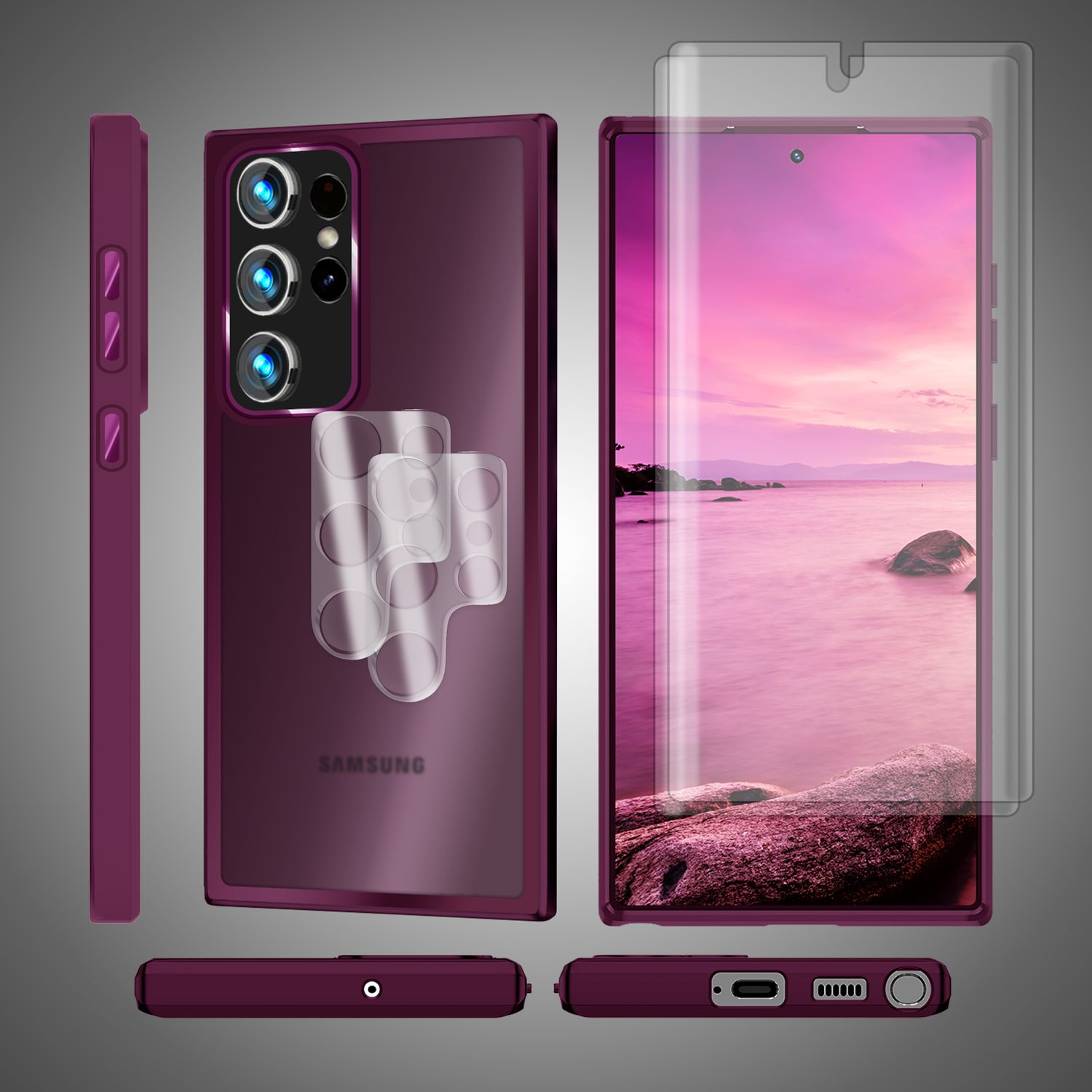 Eine Handyhülle und Displayschutzfolie. Das Telefon zeigt einen rosa Sonnenuntergang über dem Wasser. Die Hülle ist dunkelrot.