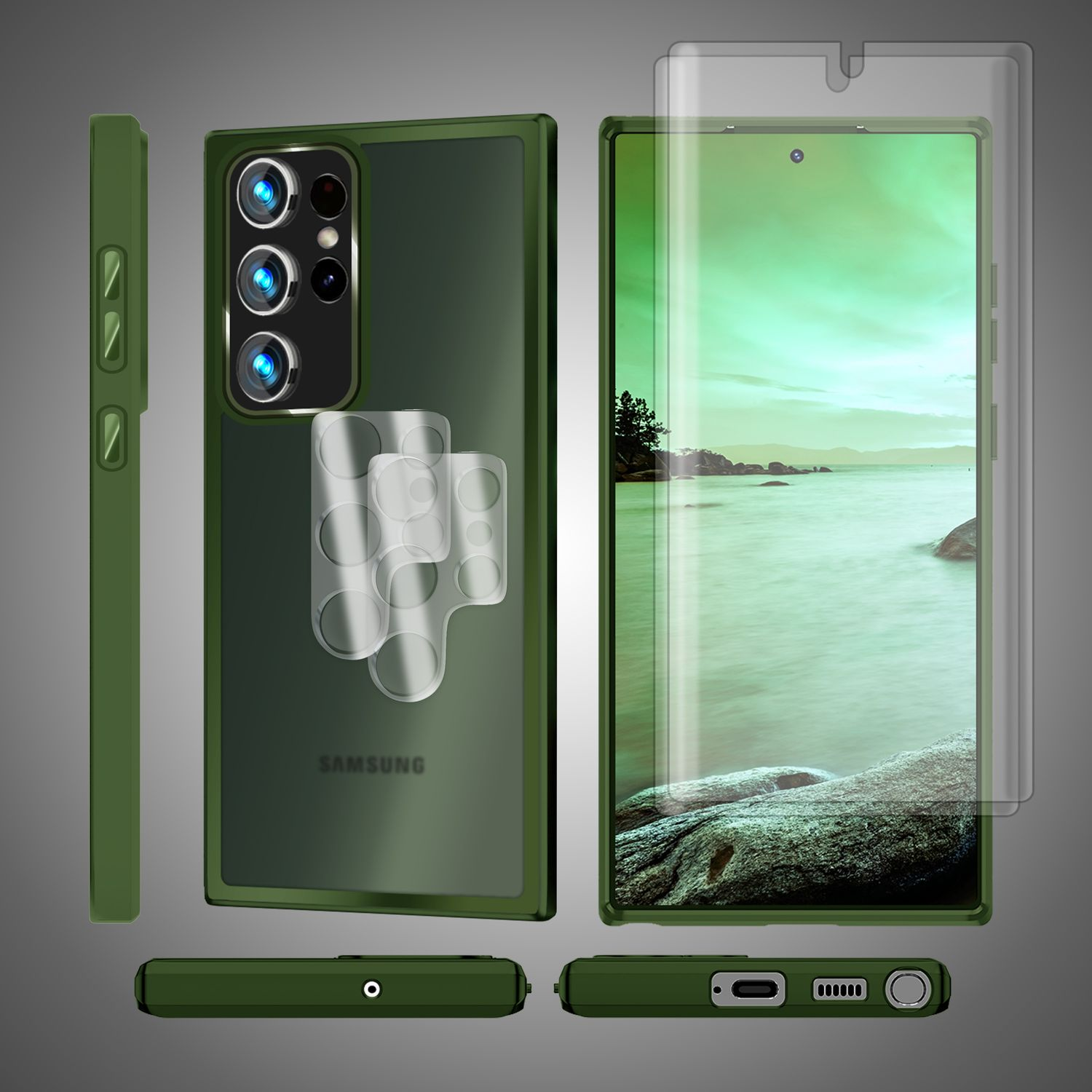 Ein Smartphone mit grüner Hülle und Displayschutzfolie. Der Bildschirm zeigt eine Küstenlandschaft. Verschiedene Winkel werden gezeigt.