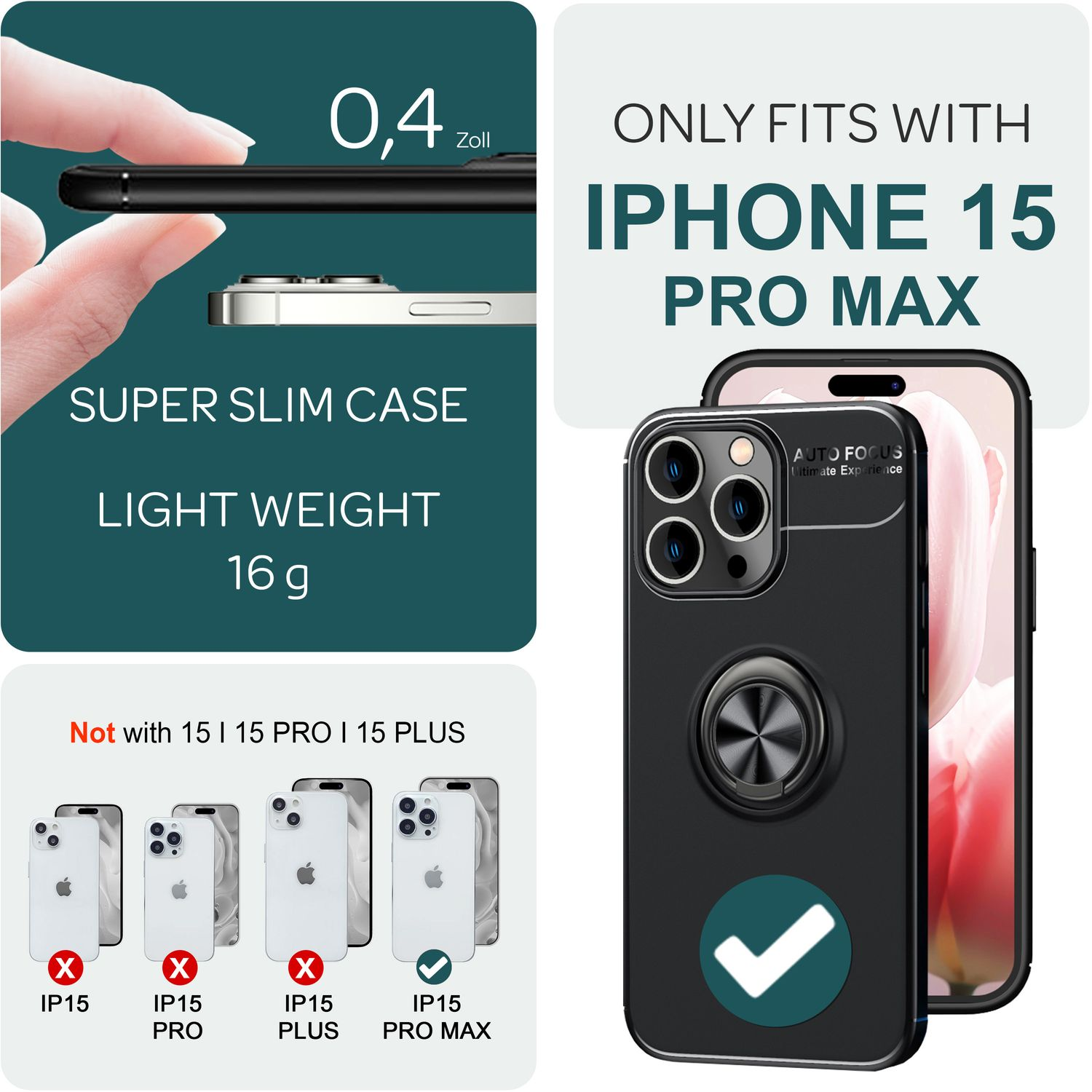 Se muestra una funda para iPhone 15 Pro Max, con una marca de verificación. El texto dice: funda súper delgada, liviana, solo para iPhone 15 Pro Max.